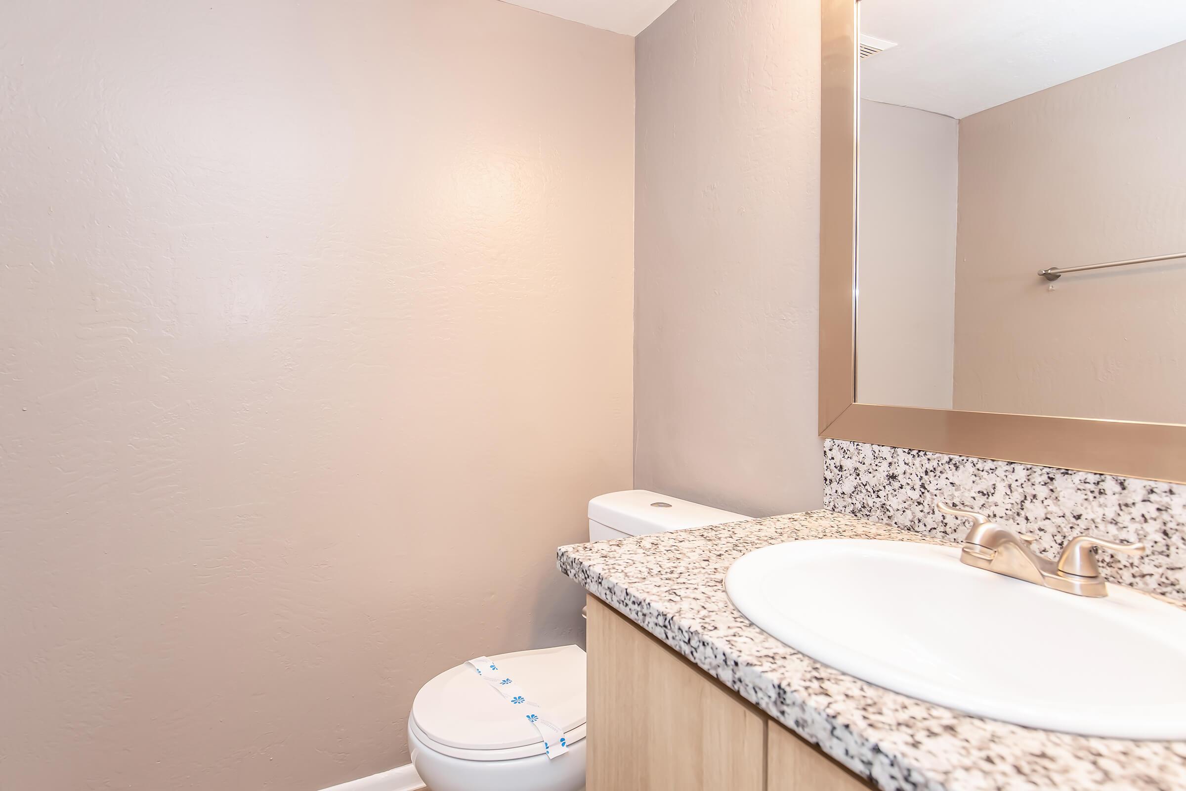 A bathroom featuring a light-colored wall, a countertop with a sink, a mirror above the sink, and a toilet. The countertop has a speckled design, and there is a towel bar on the wall. The overall lighting is bright and the space appears clean and modern.