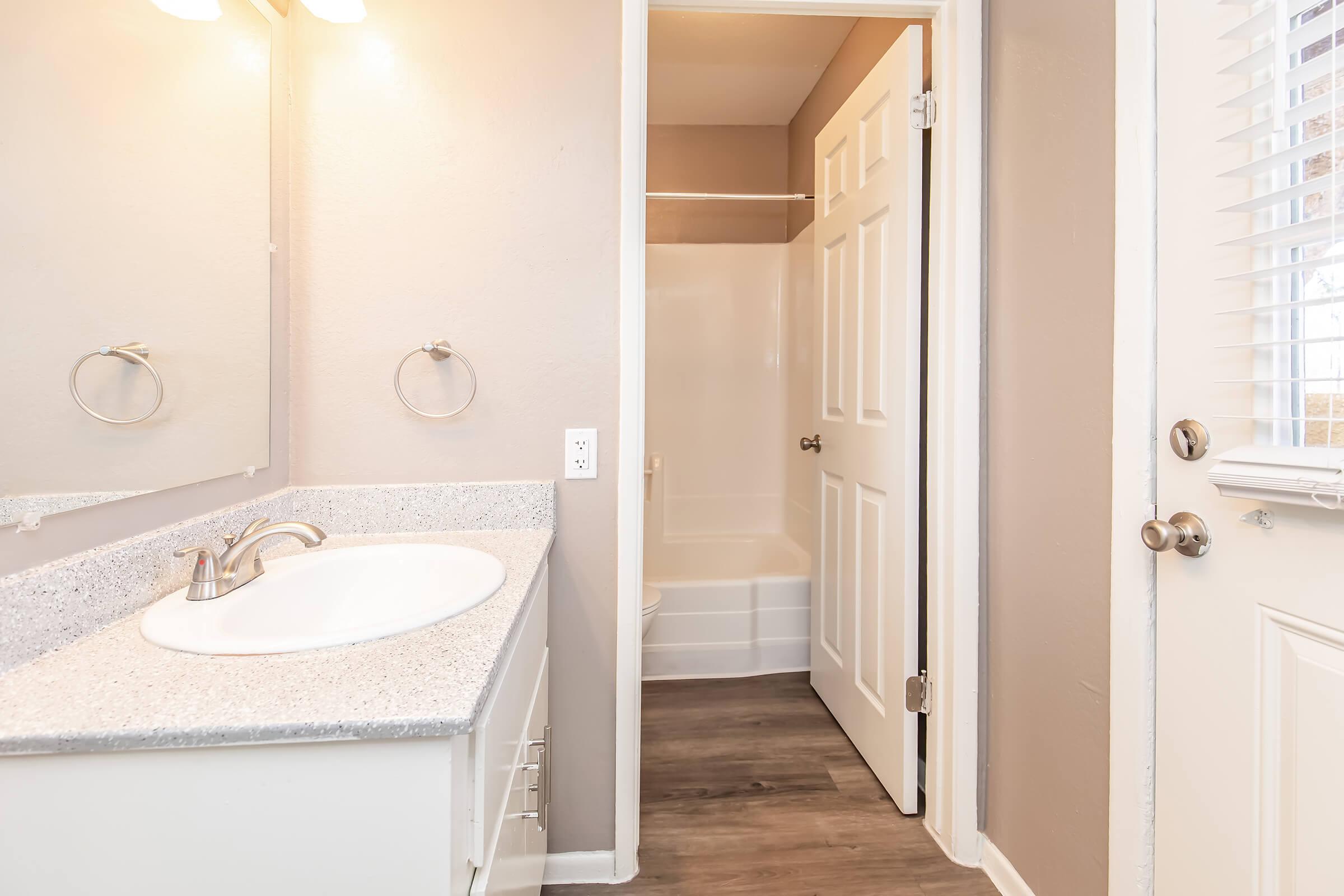 A well-lit bathroom featuring a sink with a countertop, a mirror above, and a towel ring. A closet is on the left, with a partially opened door leading to a shower area. Light-colored walls and wooden flooring create a cozy ambiance. A door on the right leads outside, with blinds on a nearby window.