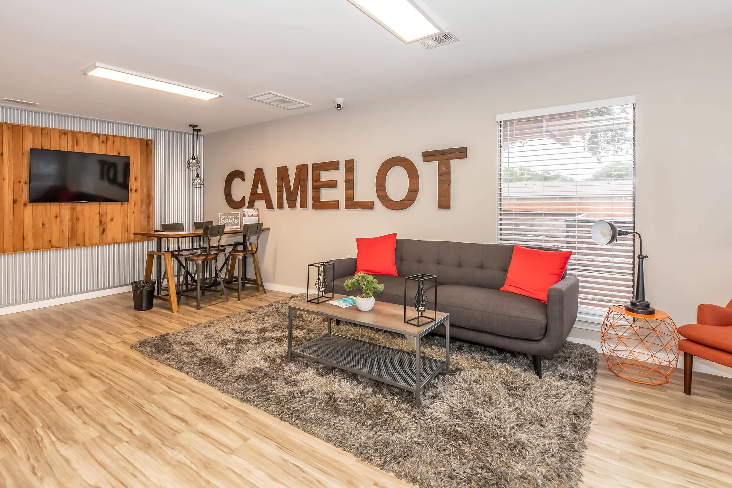 Cozy living room area featuring a gray sofa with red cushions, a wooden coffee table, and a decorative rug. The wall displays the word "CAMELOT" in large wooden letters. A flat-screen TV is mounted on the wall, and there are stylish accents like plants and a modern chair, creating a welcoming atmosphere.