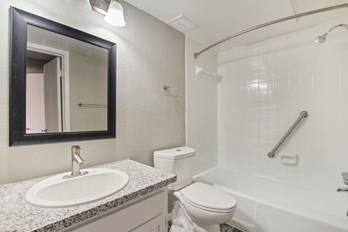 A clean and modern bathroom featuring a white bathtub with a shower curtain rod, a sink with a granite countertop, a toilet, and a large mirror framed in black. The walls are painted light gray, and there is a wall-mounted grab bar for safety. Bright overhead lighting illuminates the space.