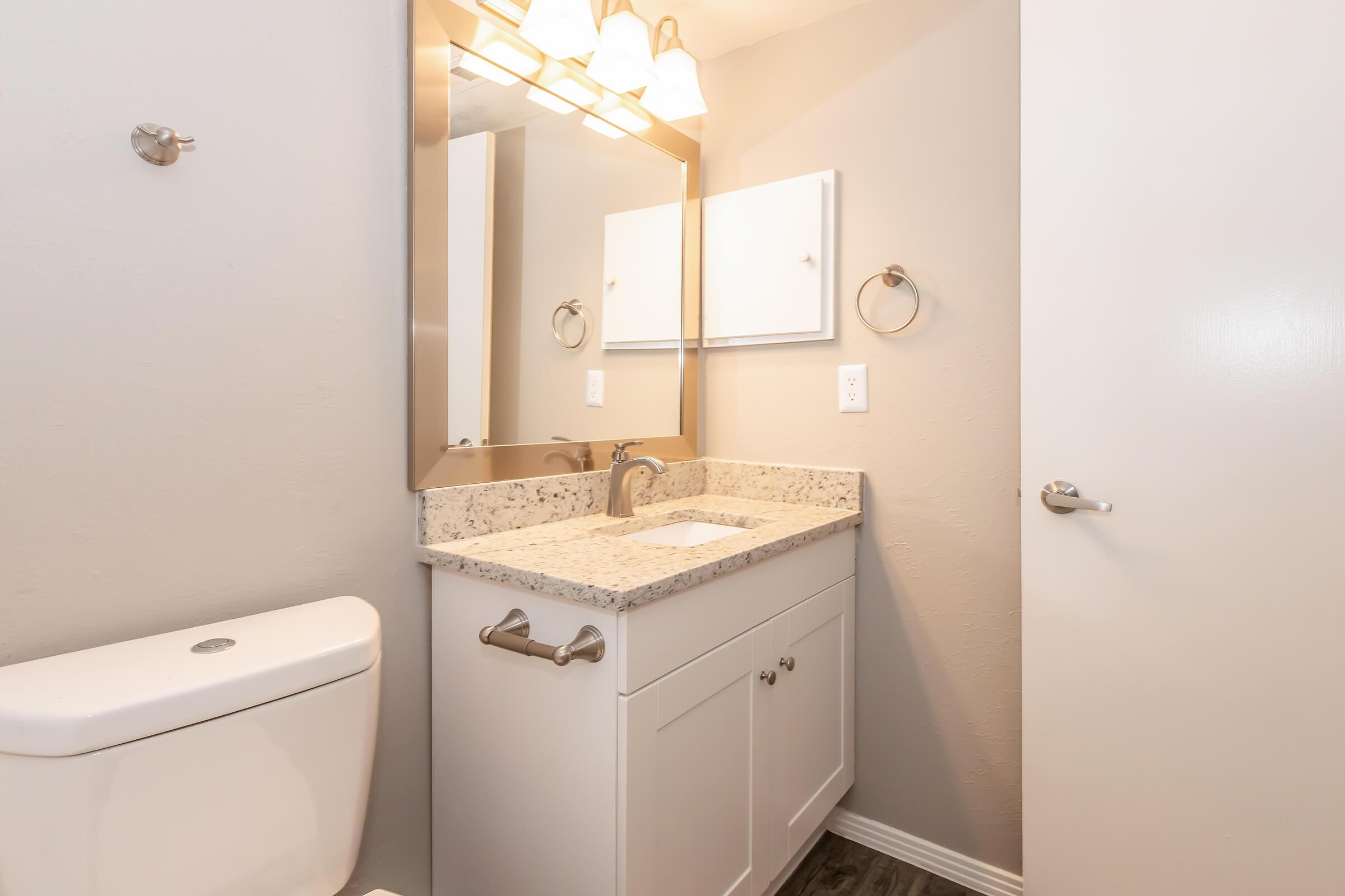 A clean and modern bathroom featuring a white toilet, a light-colored granite countertop with a sink, a large mirror above the sink, and stylish lighting fixtures. The walls are painted a soft gray, and there are towel bars and a small cabinet for storage.