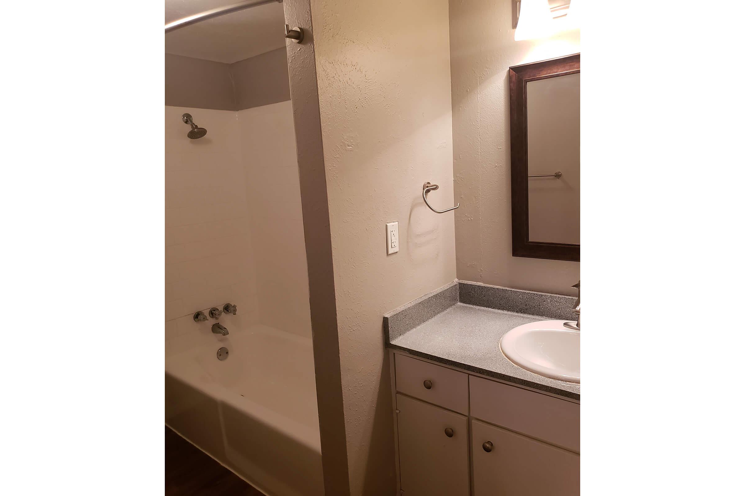 A bathroom featuring a bathtub with a showerhead, a countertop with a sink, and a mirror. The walls are painted a neutral color, and there are cabinets below the sink. Lighting is provided by a wall-mounted fixture above the mirror.