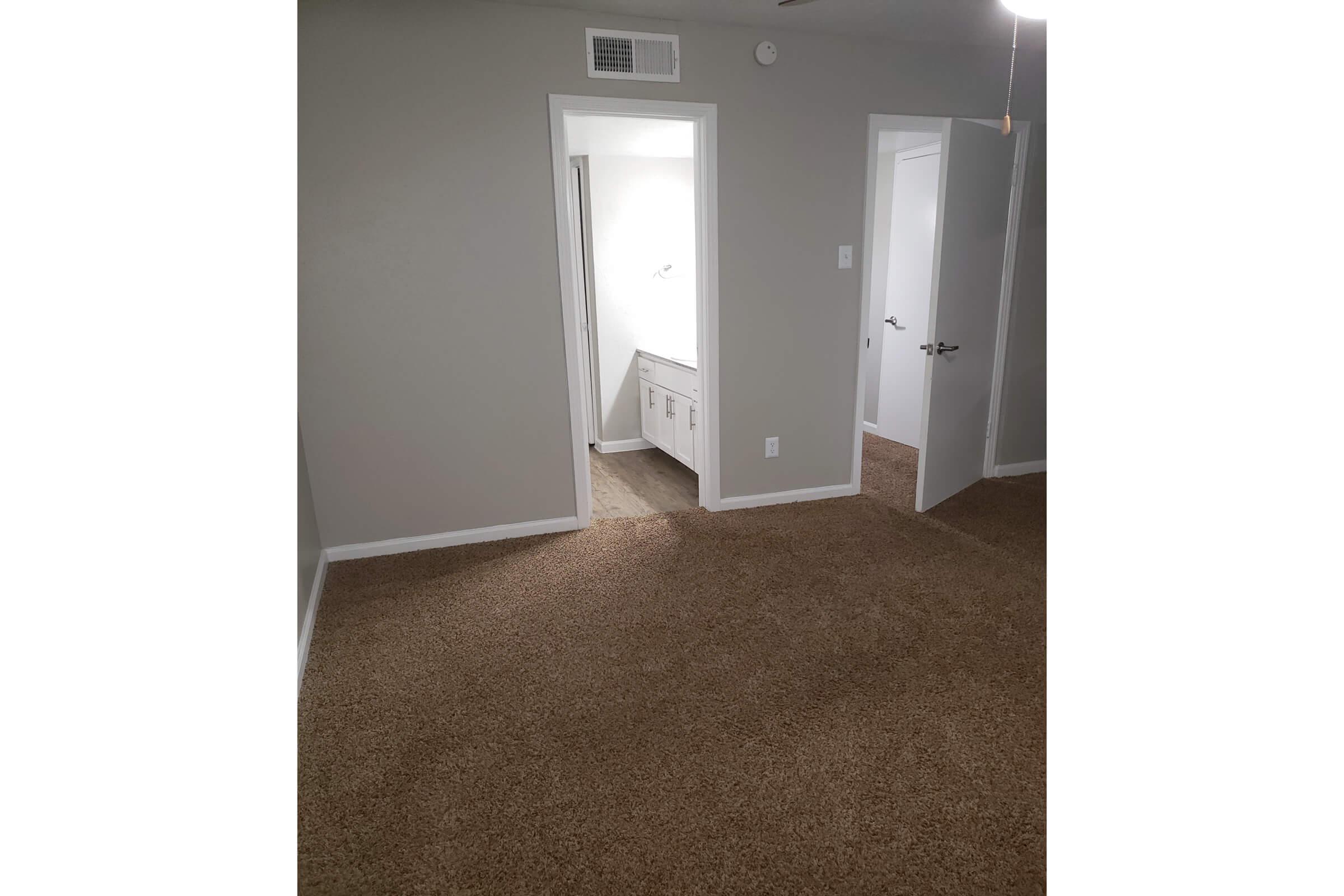 A spacious room with tan carpet flooring and light gray walls. Two doors are visible: one leads to a bright bathroom with a vanity, and the other is a standard white door. Natural light enters the room from the bathroom area, creating a welcoming atmosphere.