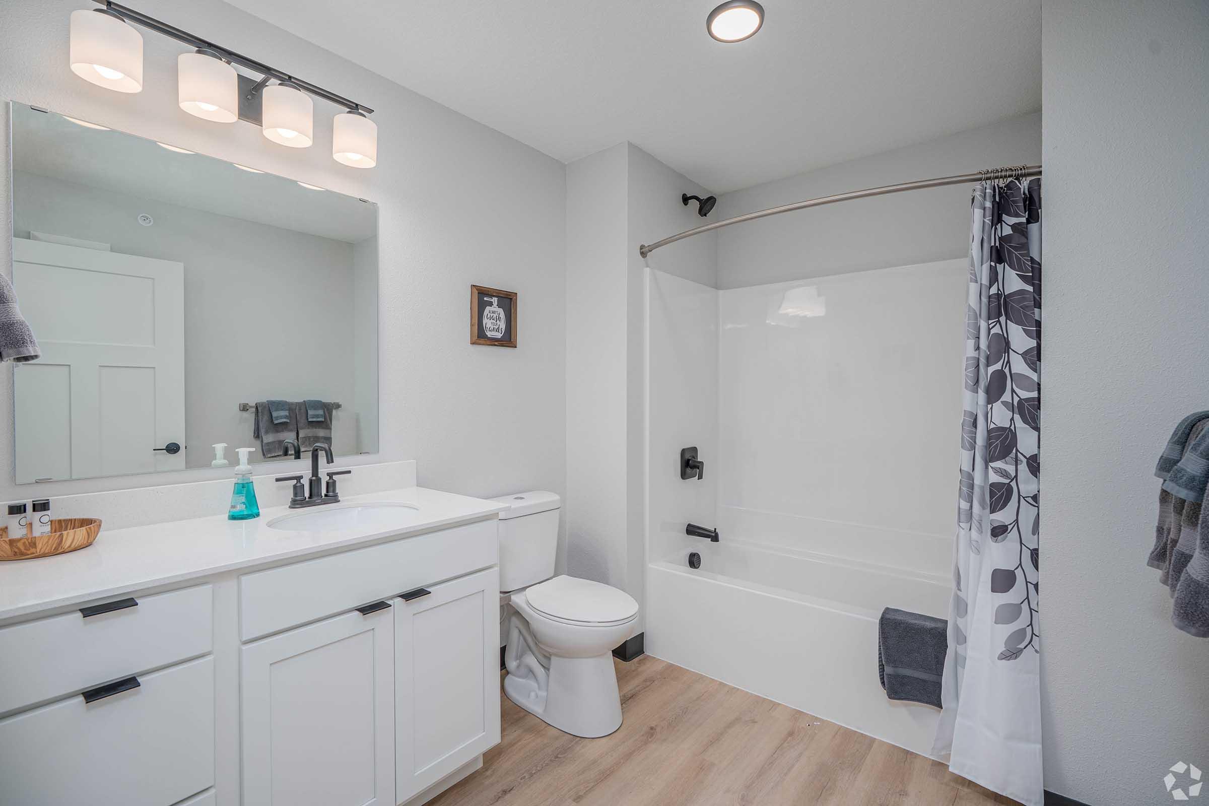 A modern bathroom featuring a white vanity with a sink, a large mirror, and overhead lighting. There's a shower/tub combo with a clear curtain, a toilet, and light-colored wooden flooring. A decorative item is placed on the vanity, and gray and white patterned towels hang on a rack.