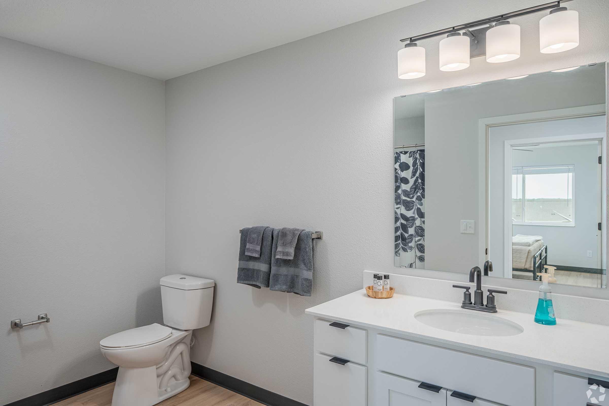 A modern bathroom featuring a white vanity with a countertop sink, a large mirror with bright lighting above, a toilet, and a decorative towel rack. The walls are painted light gray, and there are gray towels hanging. A shower curtain with a floral pattern is visible in the background, along with a window providing natural light.