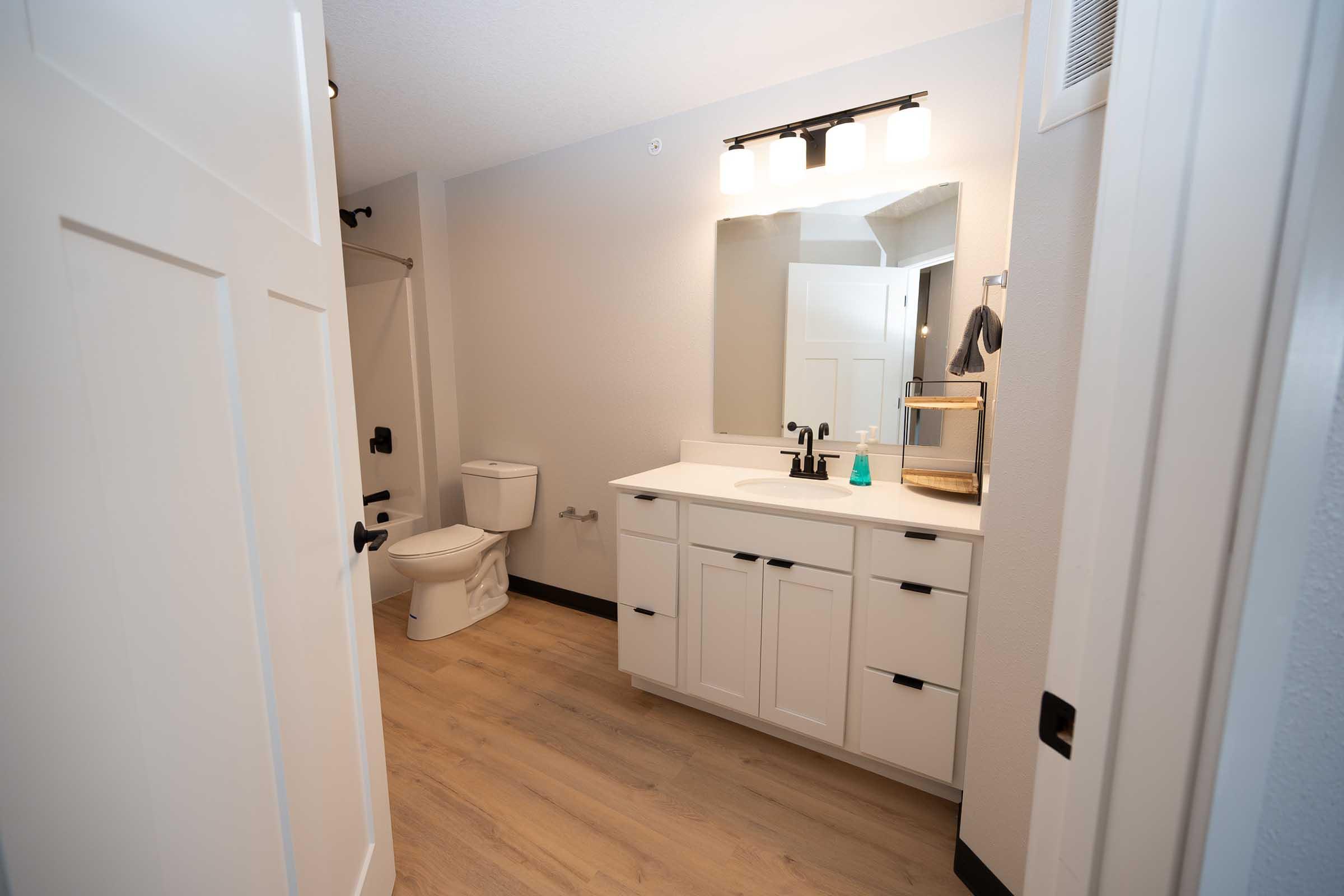 A modern bathroom featuring a white vanity with a mirror and three light fixtures above, a white toilet, and a shower area. The flooring is light wood, and the walls are painted in a neutral tone. The bathroom has a clean and contemporary design.