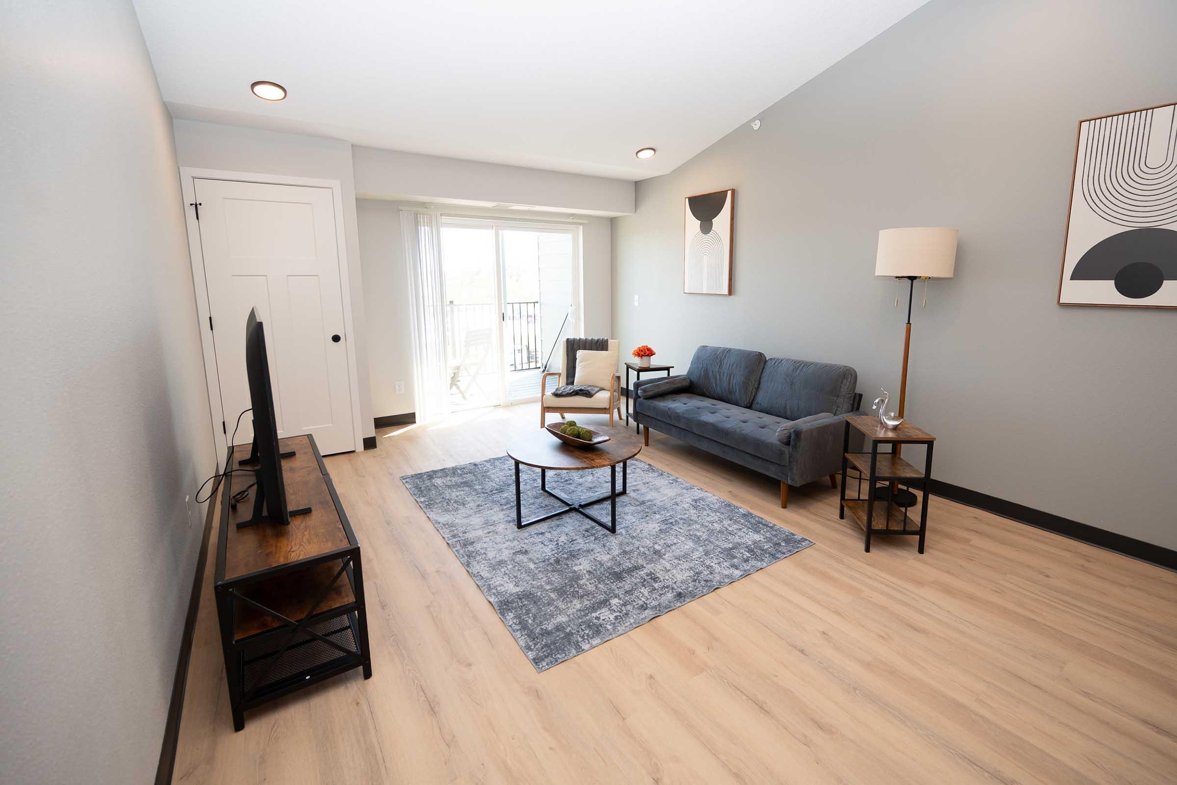 A modern living room featuring a gray sofa, a small round coffee table, and a flat-screen TV on a wooden stand. The room has light wood flooring and a large window with sheer curtains, allowing natural light to enter. A piece of abstract art is displayed on the wall, enhancing the contemporary decor.