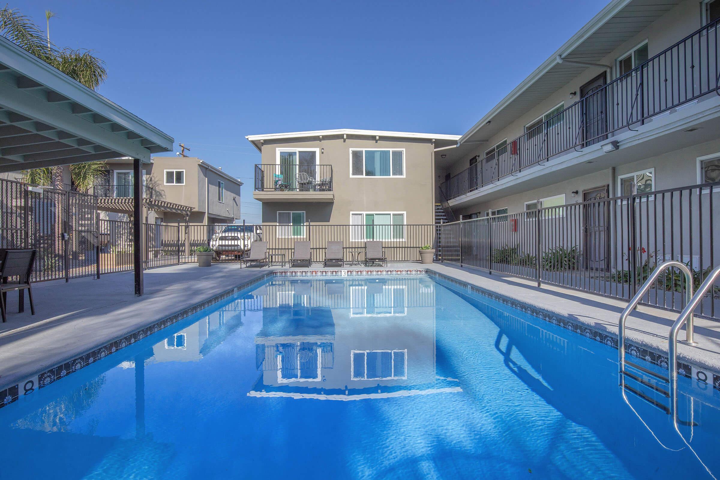 a building with a pool of water