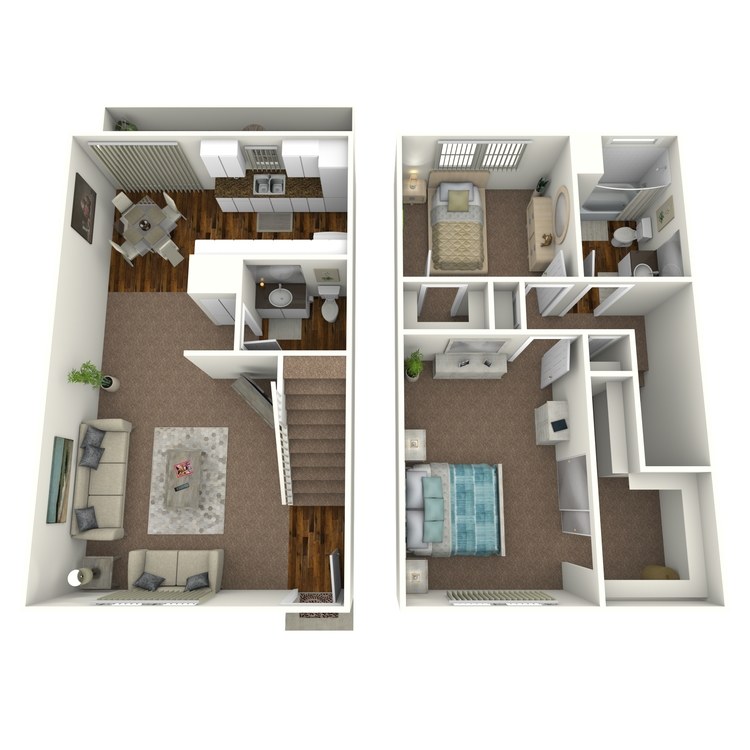 Cordova  D, a 2 bedroom 1.5 bathroom floor plan.