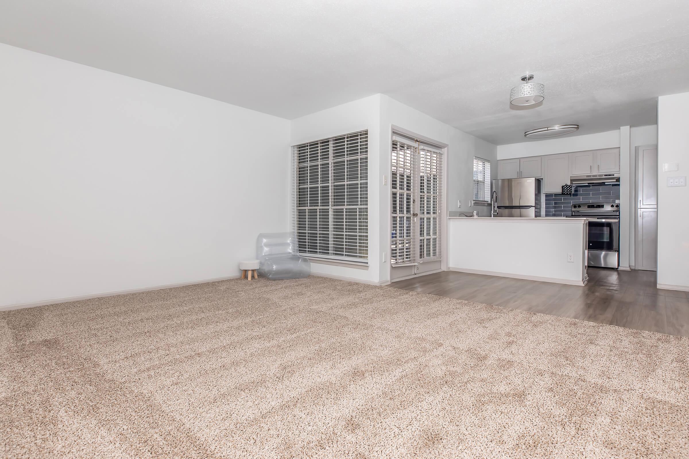 A spacious, light-filled living room with beige carpeting, a sliding glass door leading to a balcony, and a modern kitchen visible in the background. The walls are painted white, and there's a ceiling fixture providing overhead lighting. The kitchen features stainless steel appliances and a neutral color palette.
