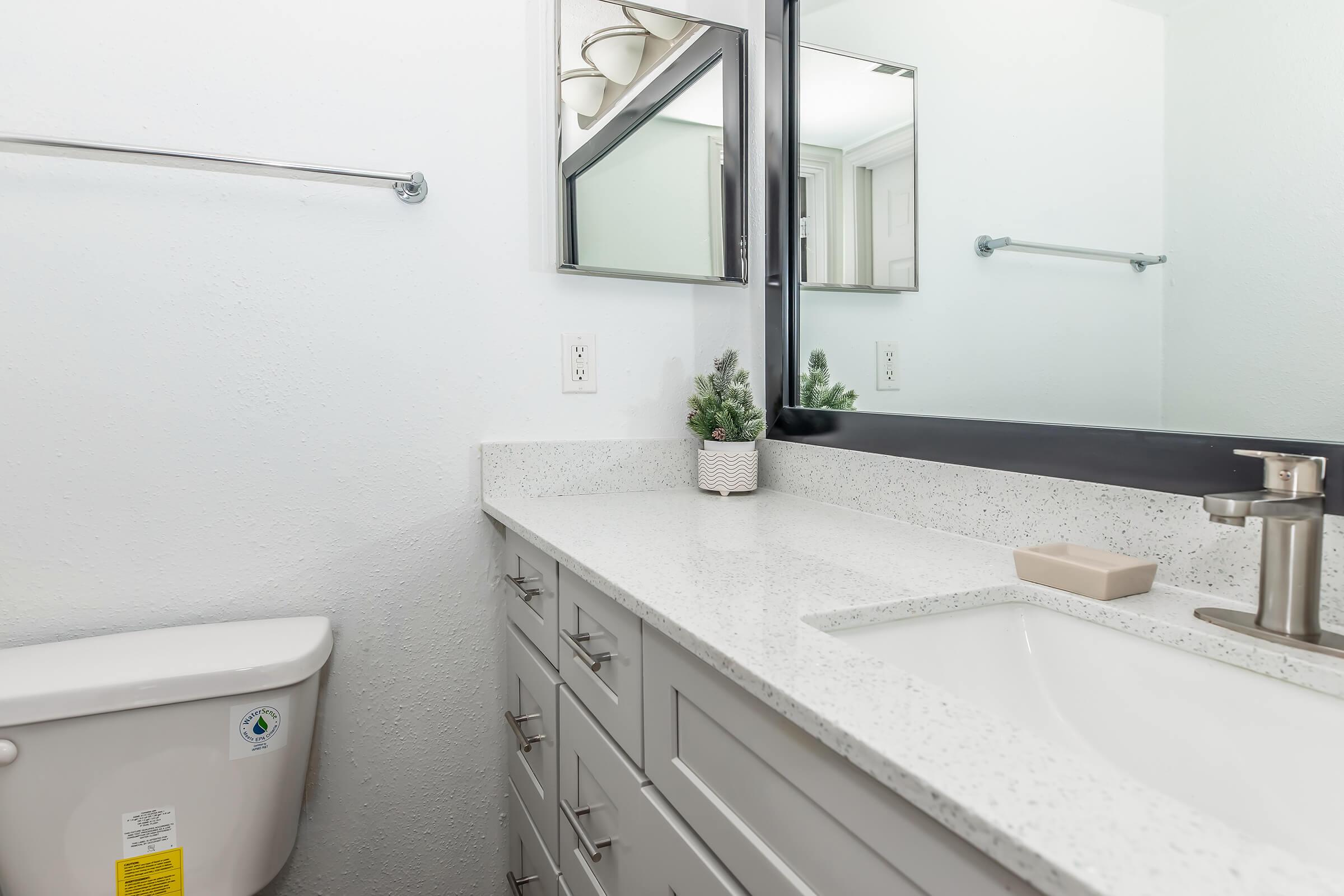 A clean and modern bathroom featuring a white countertop with a sink, a mirror above, a small potted plant, a soap dish, and a toilet in the corner. The walls are painted light colors, enhancing the bright and airy atmosphere of the space.