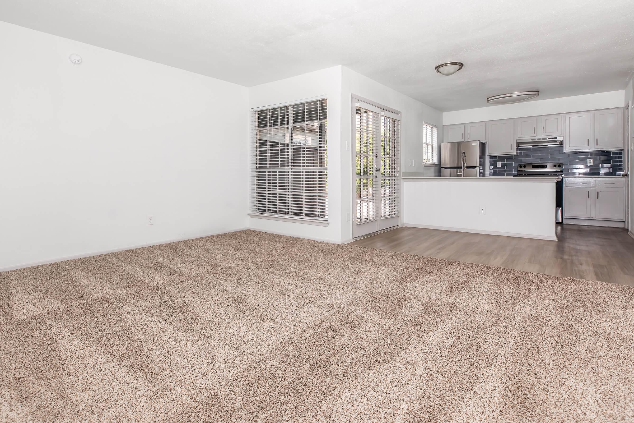 A spacious, modern living area with light-colored walls and a large carpeted floor. A kitchen area features stainless steel appliances and a blue tiled backsplash, with ample natural light coming through a sliding glass door leading to an outdoor space.