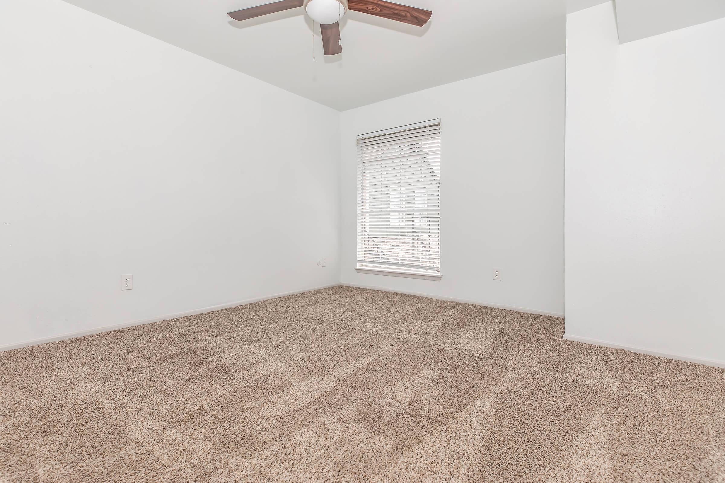 Empty room with light beige carpet and white walls. A ceiling fan is installed, and there is a window with blinds on one wall, allowing natural light into the space. The overall atmosphere is bright and open, suitable for personalization or decoration.