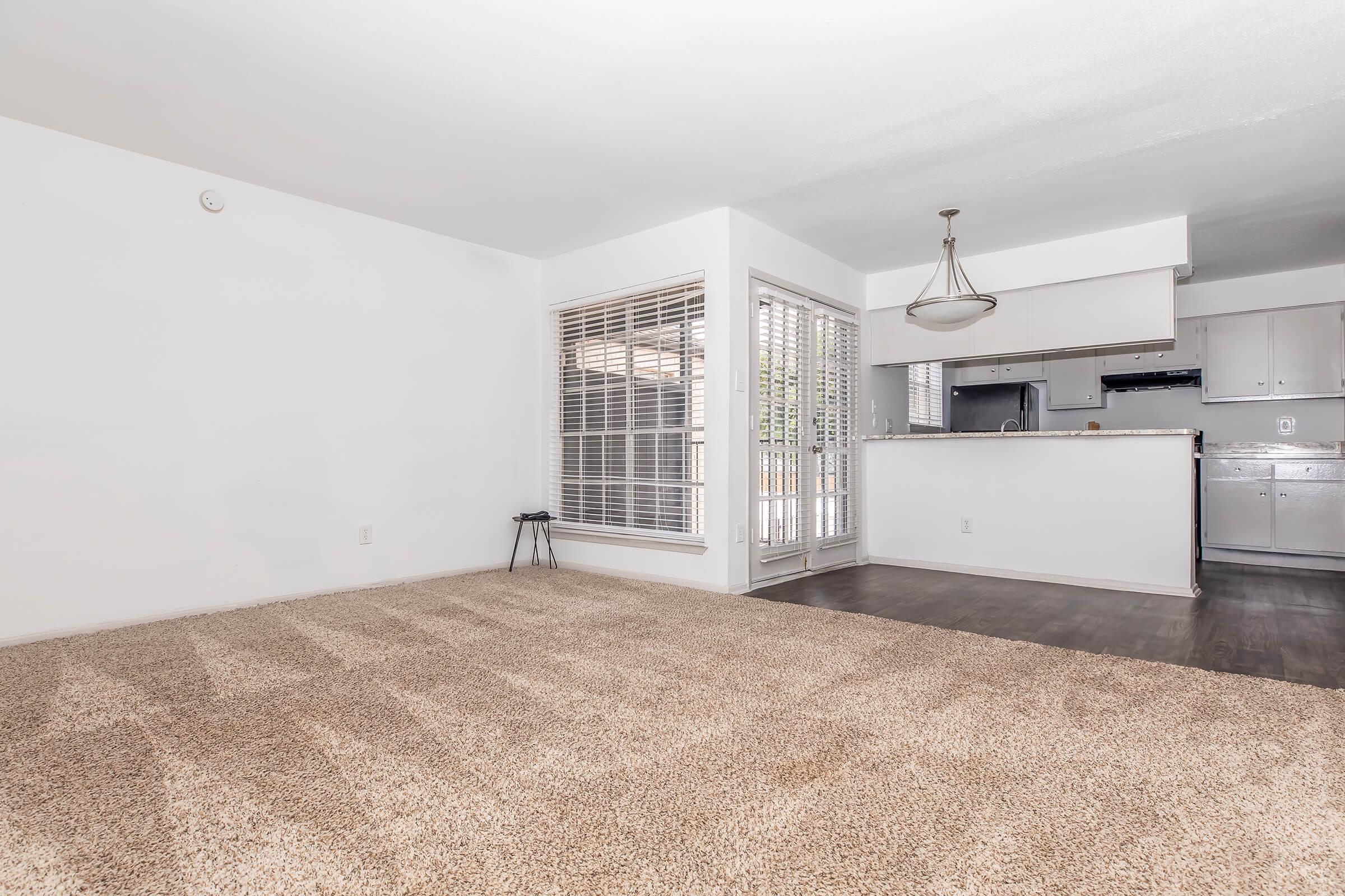Spacious living area featuring light-colored walls, large windows with blinds, and plush carpet. An open layout connects the living space to a kitchen with modern appliances and a breakfast bar, enhancing the feeling of brightness and airiness in the room.
