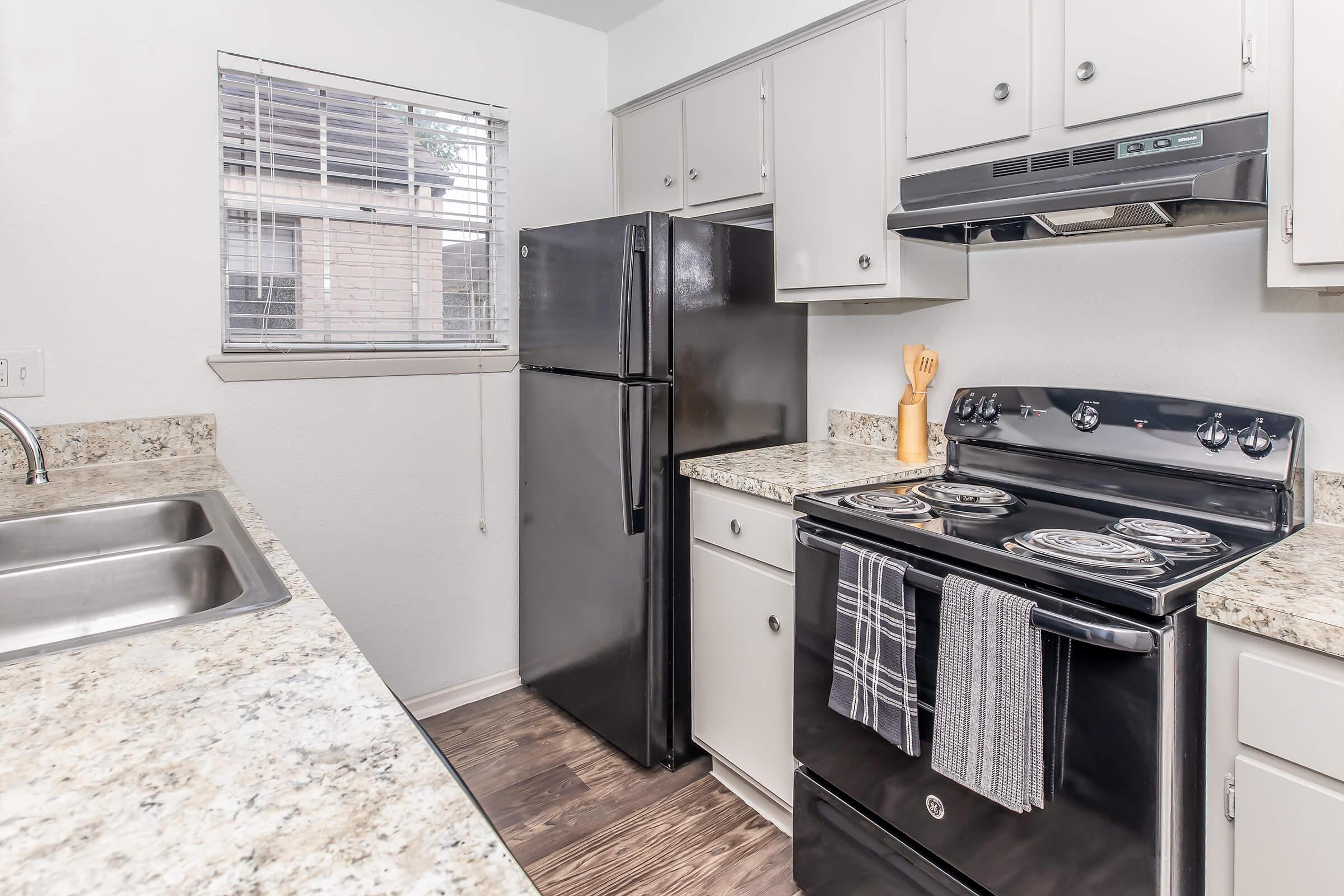 Modern kitchen featuring dark appliances, including a refrigerator and stove, complemented by light cabinetry and a granite countertop. The space is well-lit with natural light coming through a window, showcasing a clean and contemporary design.