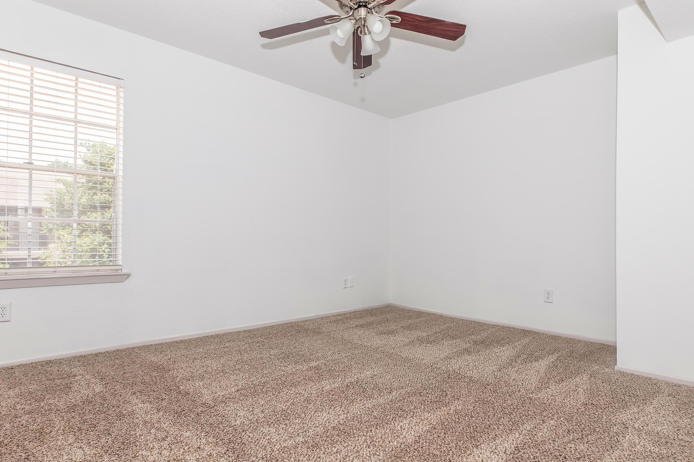 A minimally decorated room featuring light-colored walls and a plush carpet. It includes a ceiling fan with wooden blades, a window with blinds allowing natural light, and no furniture, creating an open and airy atmosphere.
