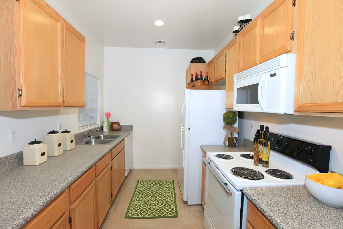 a kitchen with a stove sink and refrigerator