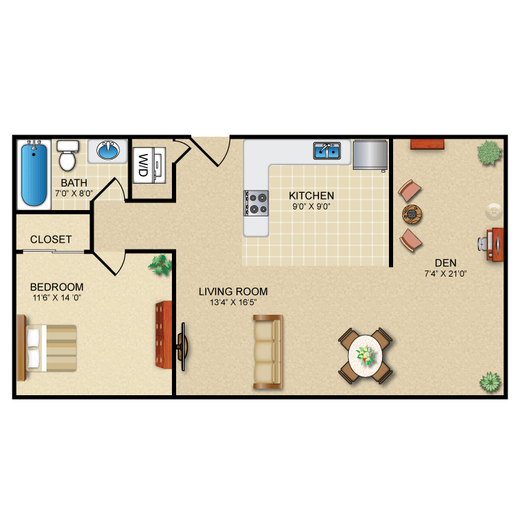 Floor plan image of 1 Bed 1 Bath + Den