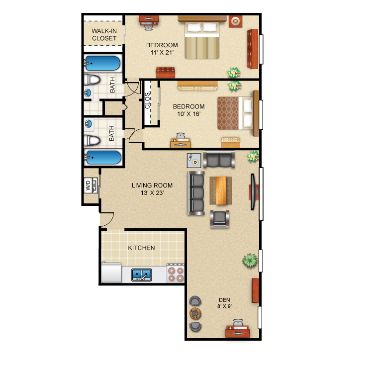 Floor plan image of 2 Bed 2 Bath (+ Den)