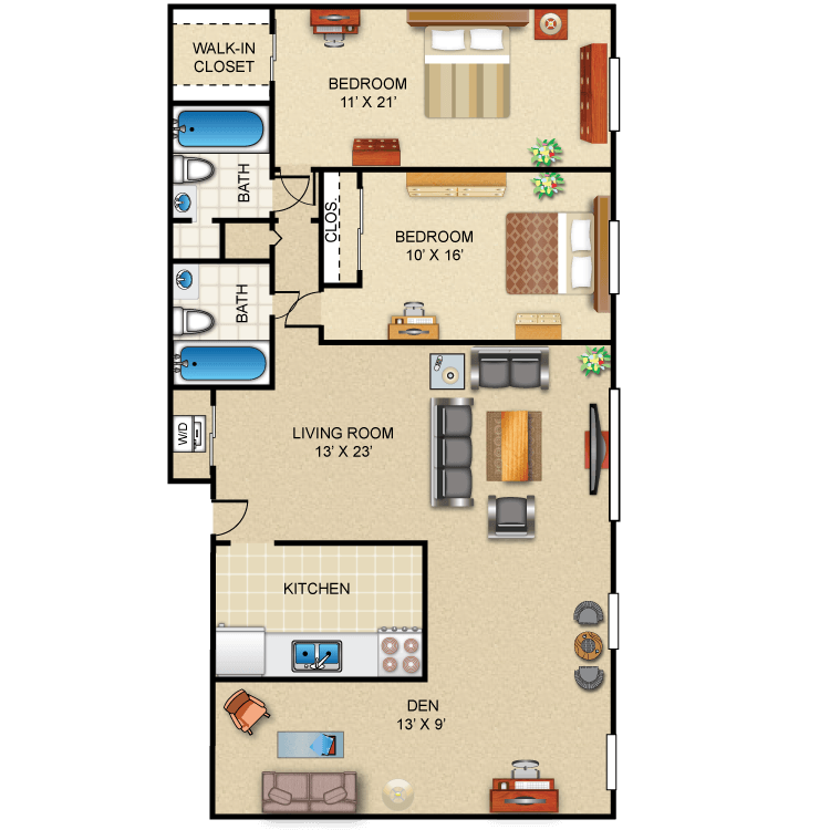 Floor plan image of 2 Bed 2 Bath Deluxe (+ Den)
