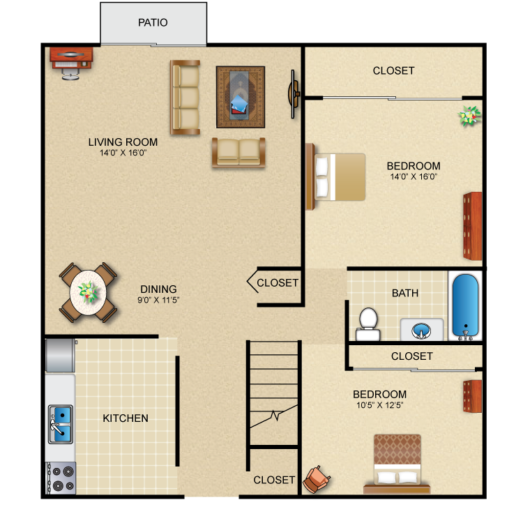 Floor plan image of 2 Bed 1 Bath Ranch Townhome