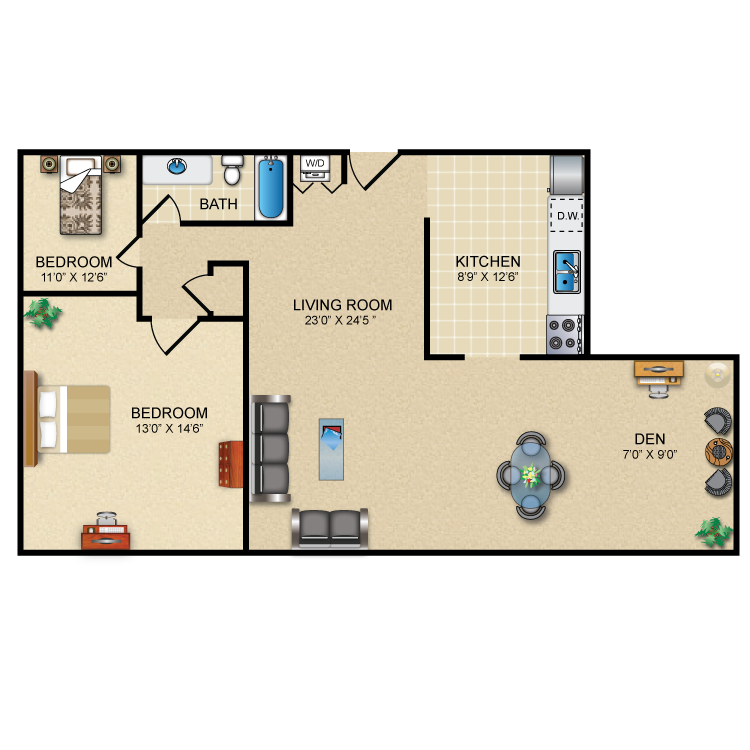 Floor plan image of 2 Bed 1 Bath (+ Den)