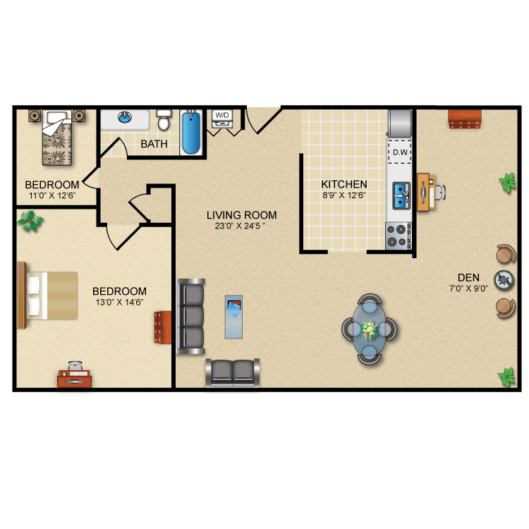 Floor plan image of 2 Bed 1 Bath Deluxe (+ Den)