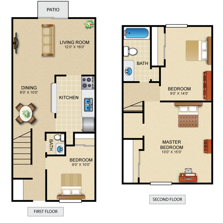 Floor plan image of 3 Bed 1.5 Bath Townhome