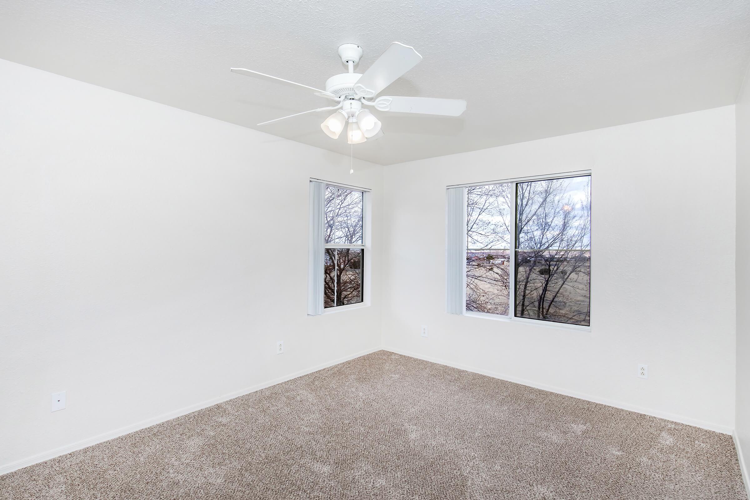 Empty room with light beige carpet and white walls. Two windows allow natural light to enter, showing trees outside. A white ceiling fan with light fixtures is mounted in the center of the ceiling, creating a bright and airy atmosphere.