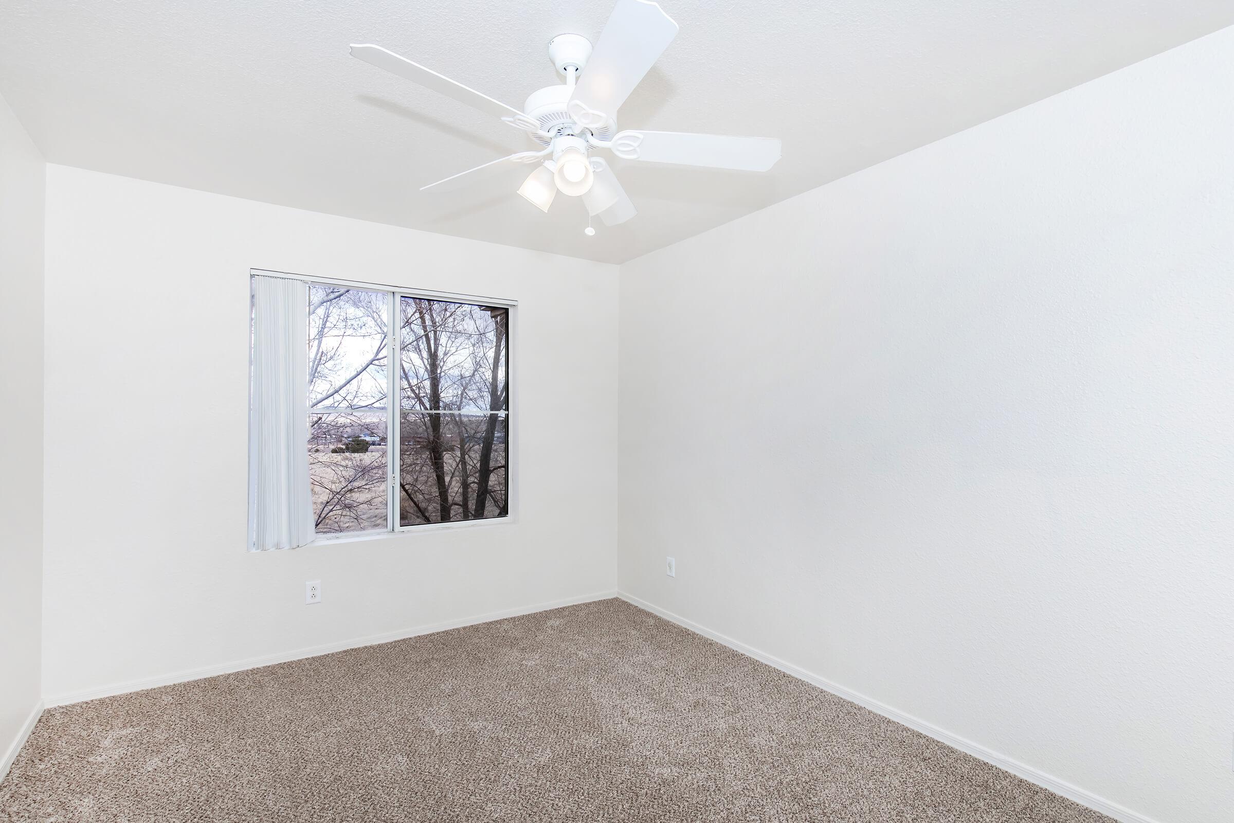 Empty room with light-colored walls and carpet. A ceiling fan is mounted on the ceiling, and there is a single window with sheer white curtains, showing a view of bare trees outside. The space is bright and minimalistic, ready for furnishing.