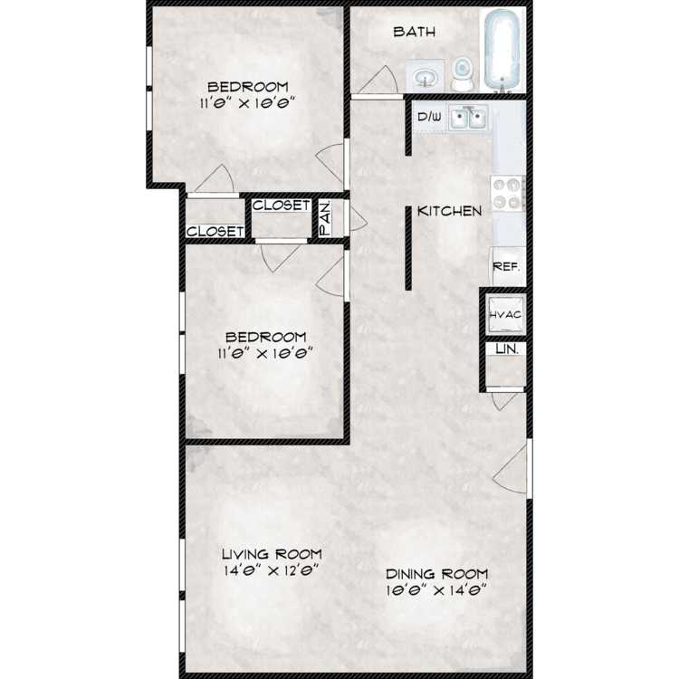 2 Bed 1 Bath floor plan image