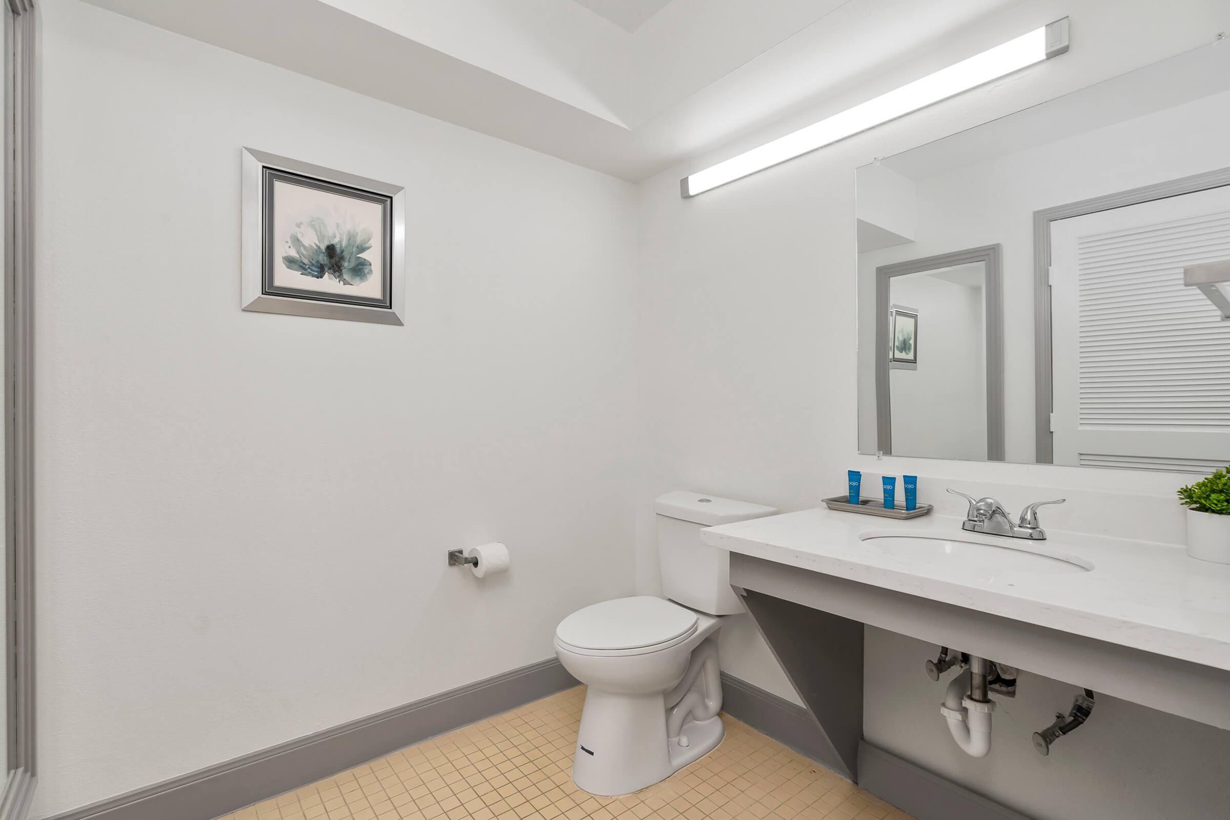 A clean, modern bathroom featuring a white toilet, a sink with a countertop, and a wall-mounted mirror. The space has light-colored walls and a framed floral artwork. A towel roll is visible on the wall, and the floor has beige tiles. Soft lighting illuminates the room, creating a bright atmosphere.