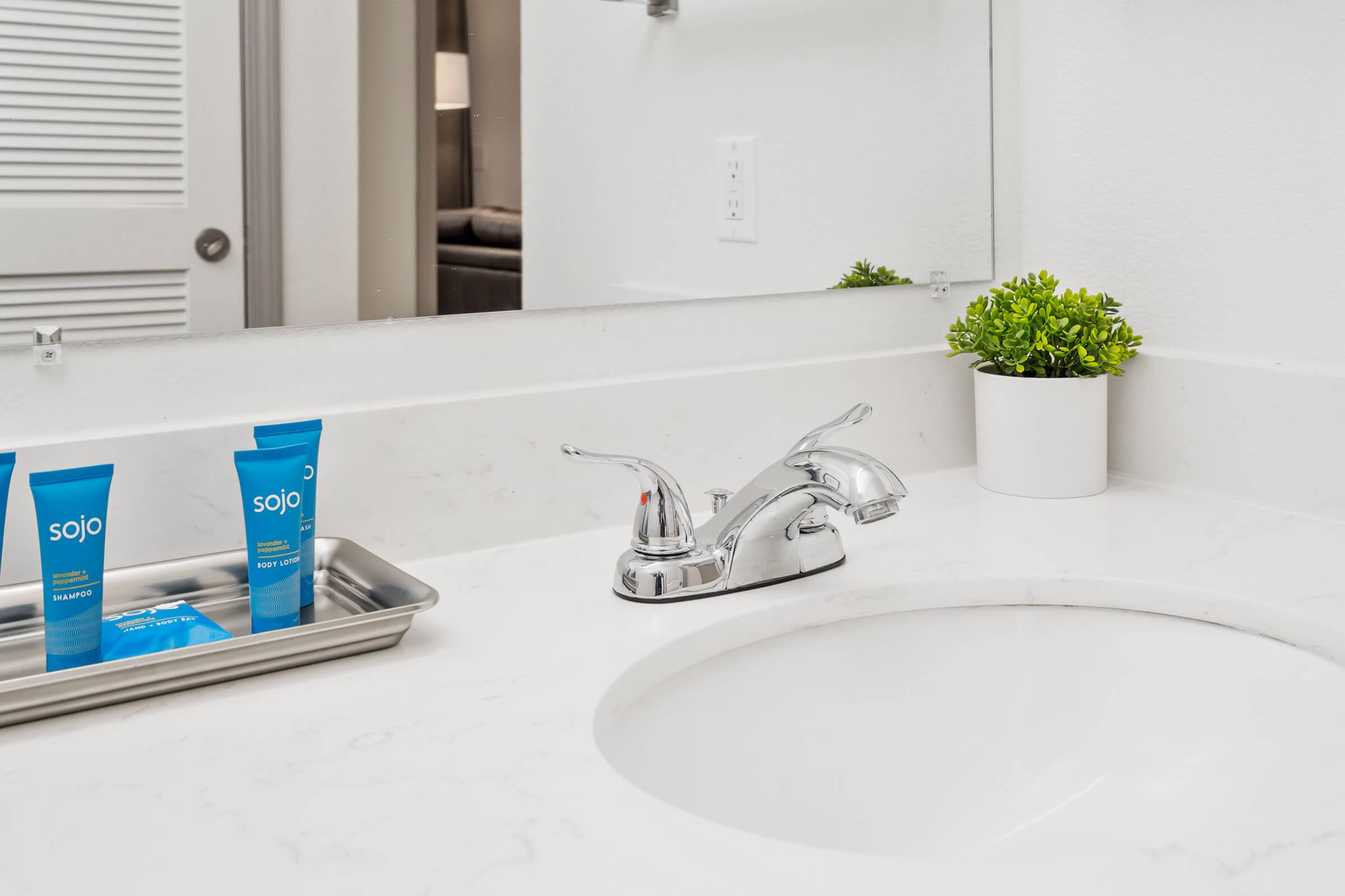 A clean bathroom countertop featuring a polished chrome faucet, a round sink, and a small white planter with green leaves. To the left, a silver tray holds two blue tubes labeled "sojo" and an additional blue item, suggesting personal care products. A mirror reflects the bright and tidy environment.