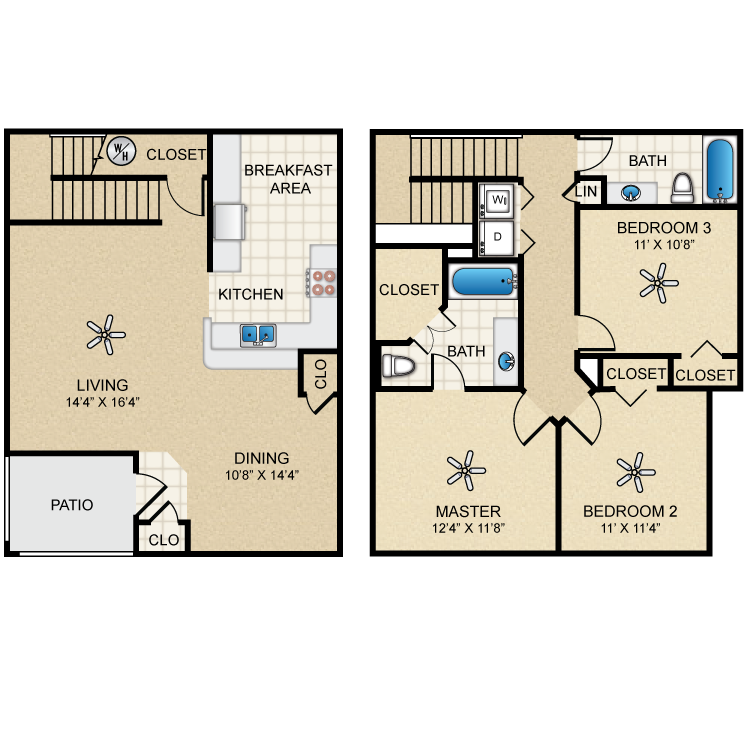 Floor plan image of Townhome Three Bedroom/Two Bath