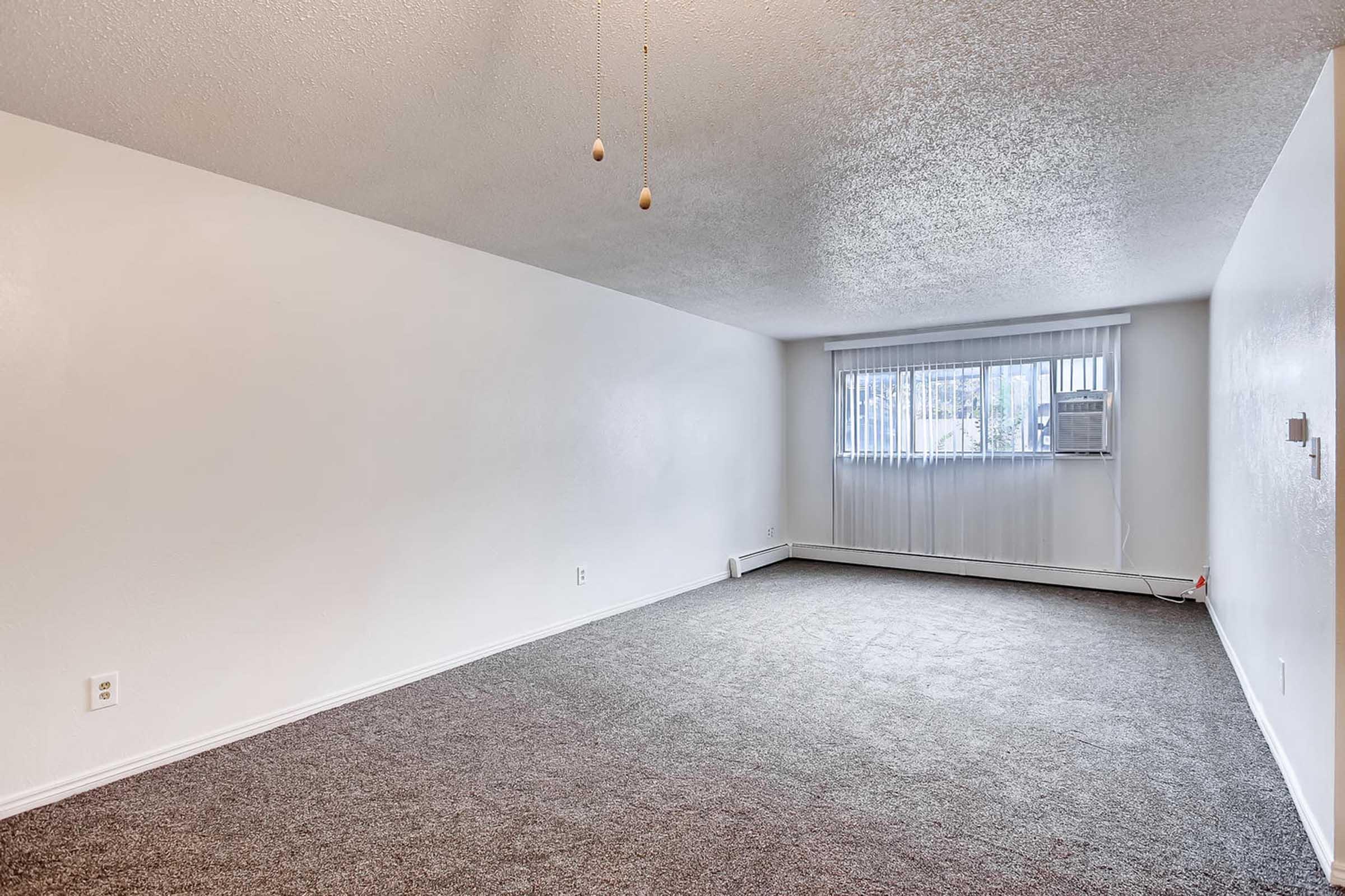 Empty living room with light gray carpet, white walls, and a large window allowing natural light. An air conditioning unit is visible near the window, and the room has a subtle texture on the ceiling. The space appears clean and ready for furniture placement.