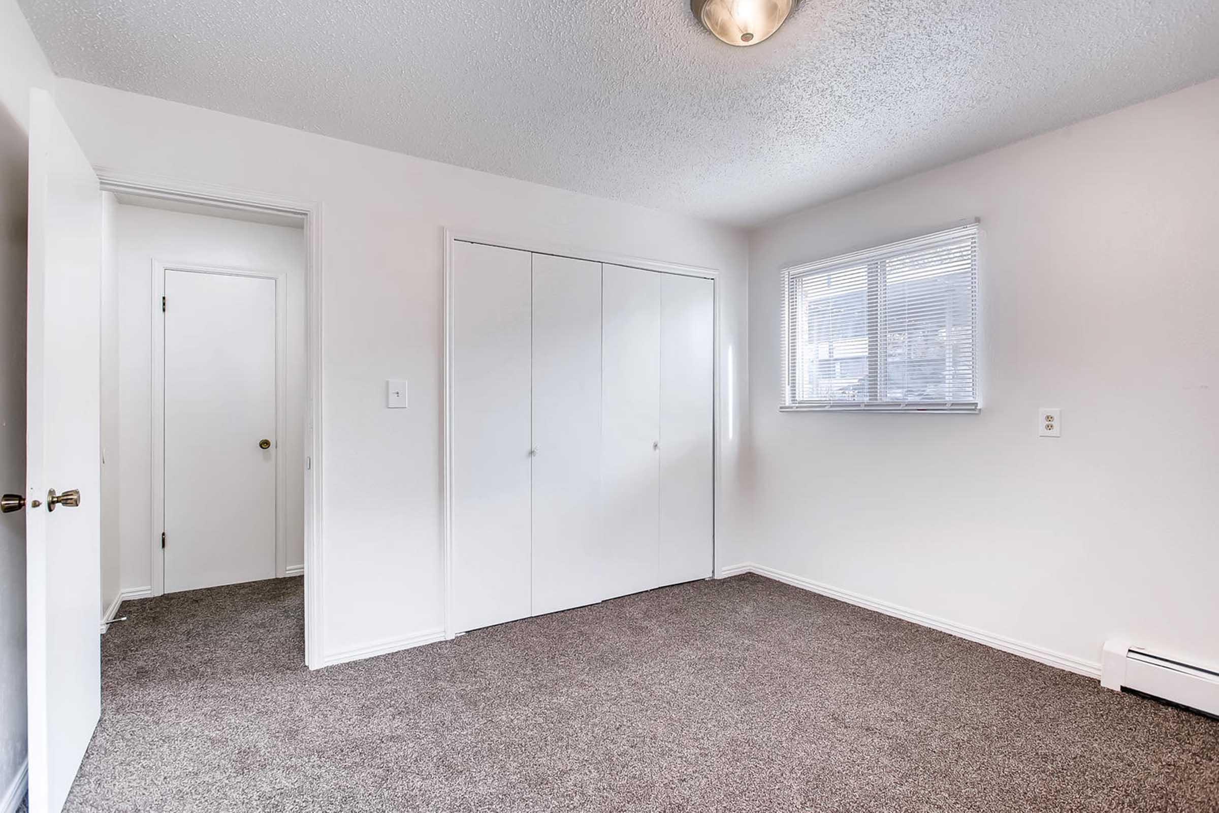 A well-lit, empty bedroom featuring light gray carpet, white walls, and a ceiling light fixture. It has a closet with sliding doors and a window allowing natural light. A door leads to another room. The overall feel is spacious and clean, ideal for personal or decorative customization.