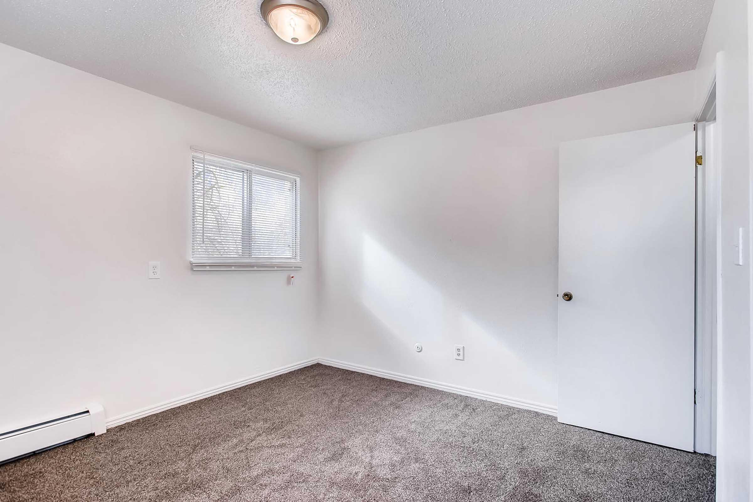 A small, empty room with light gray carpet and white walls. There is a window on the left side allowing natural light, and a closed door on the right. The ceiling features a simple light fixture, and the overall ambiance is bright and uncluttered.