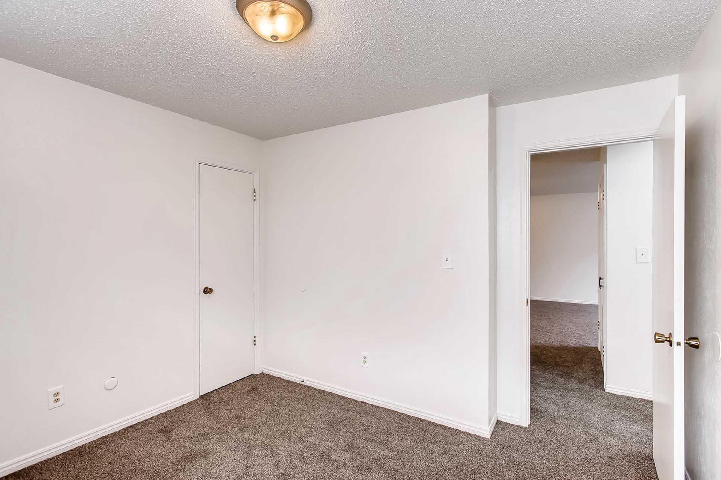 Empty room with light beige walls and gray carpet. A ceiling light fixture is visible. There are two doorways: one leading to another room and the other to a closet. The room has a minimalist appearance, making it suitable for various purposes. The overall ambiance is bright and inviting.