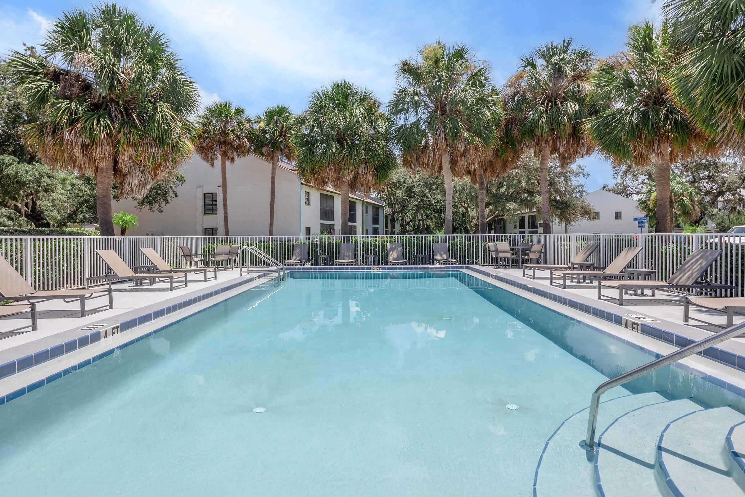 A clear swimming pool surrounded by palm trees and lounge chairs. The scene features a serene atmosphere with blue skies and a few buildings in the background, showcasing a relaxing outdoor space perfect for leisure.