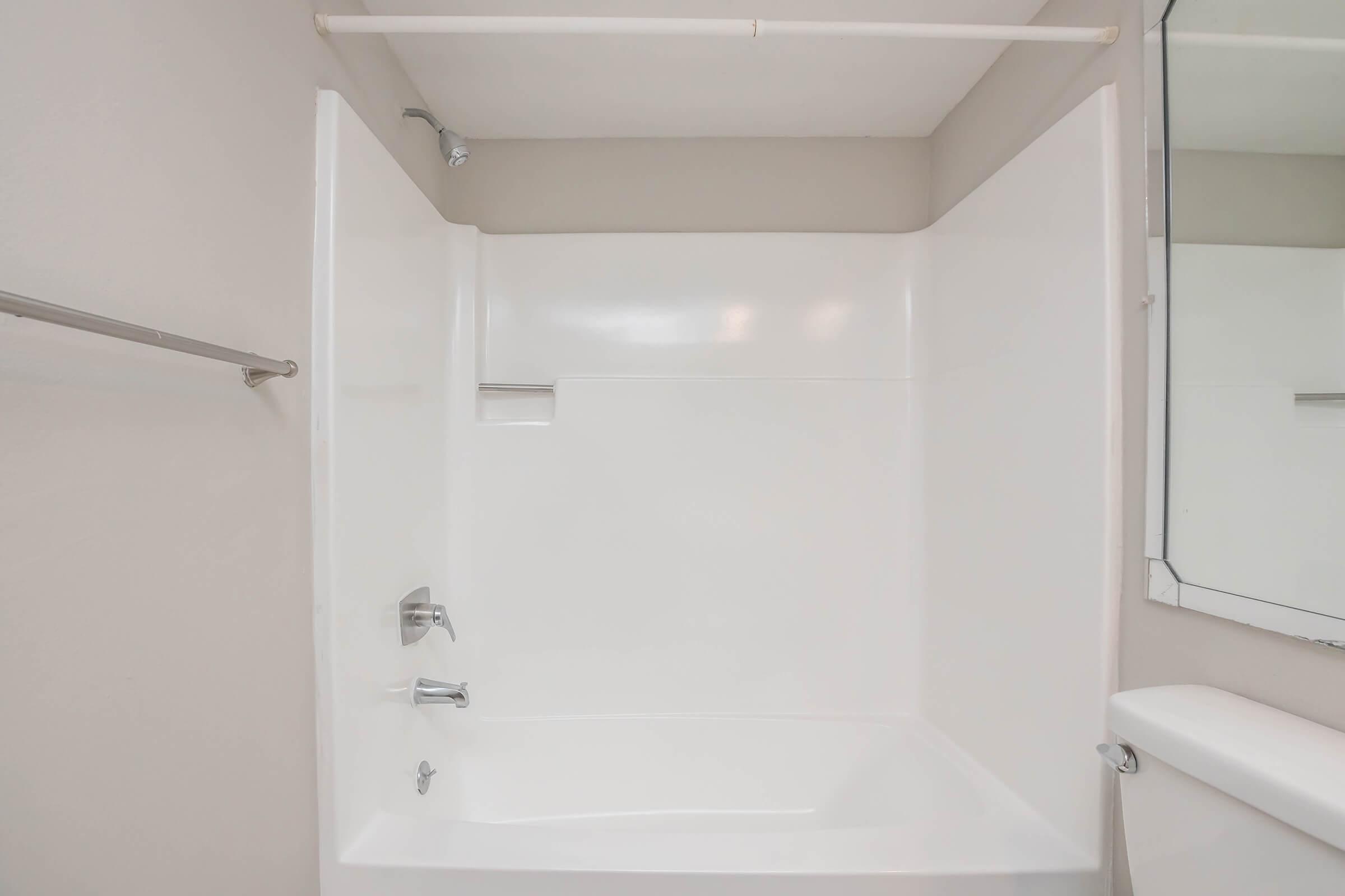 A clean and empty bathroom featuring a white bathtub and shower combination, a large mirror above a sink, and a towel bar. The walls are a light color, providing a bright and spacious feel to the room.