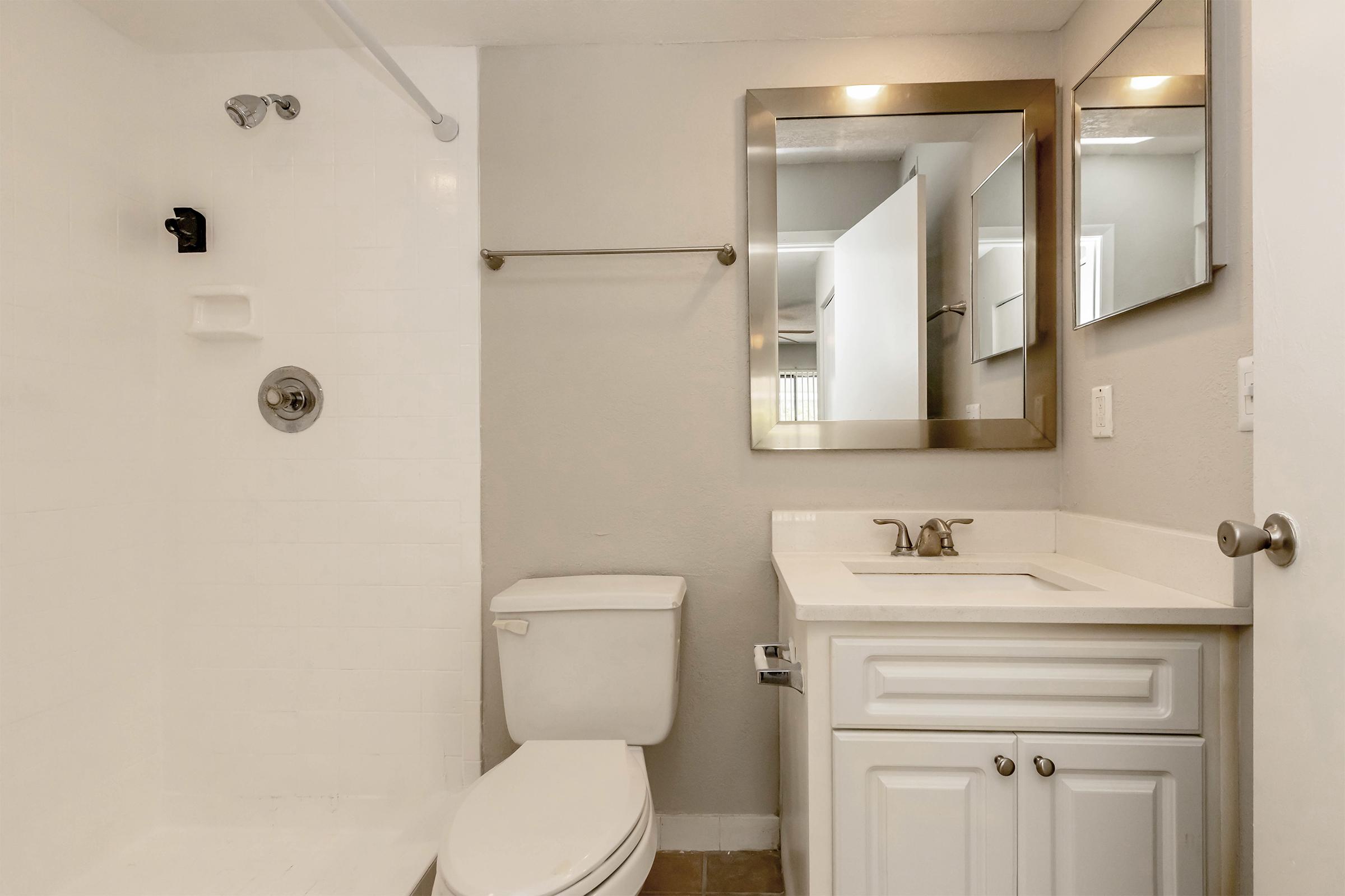 A clean and modern bathroom featuring a white shower with a glass door, a toilet, a sink with a white cabinet, and a large mirror above the sink. The walls are painted in a light gray color, and there is a towel rack beside the shower. Natural light is filtering in from an open door.