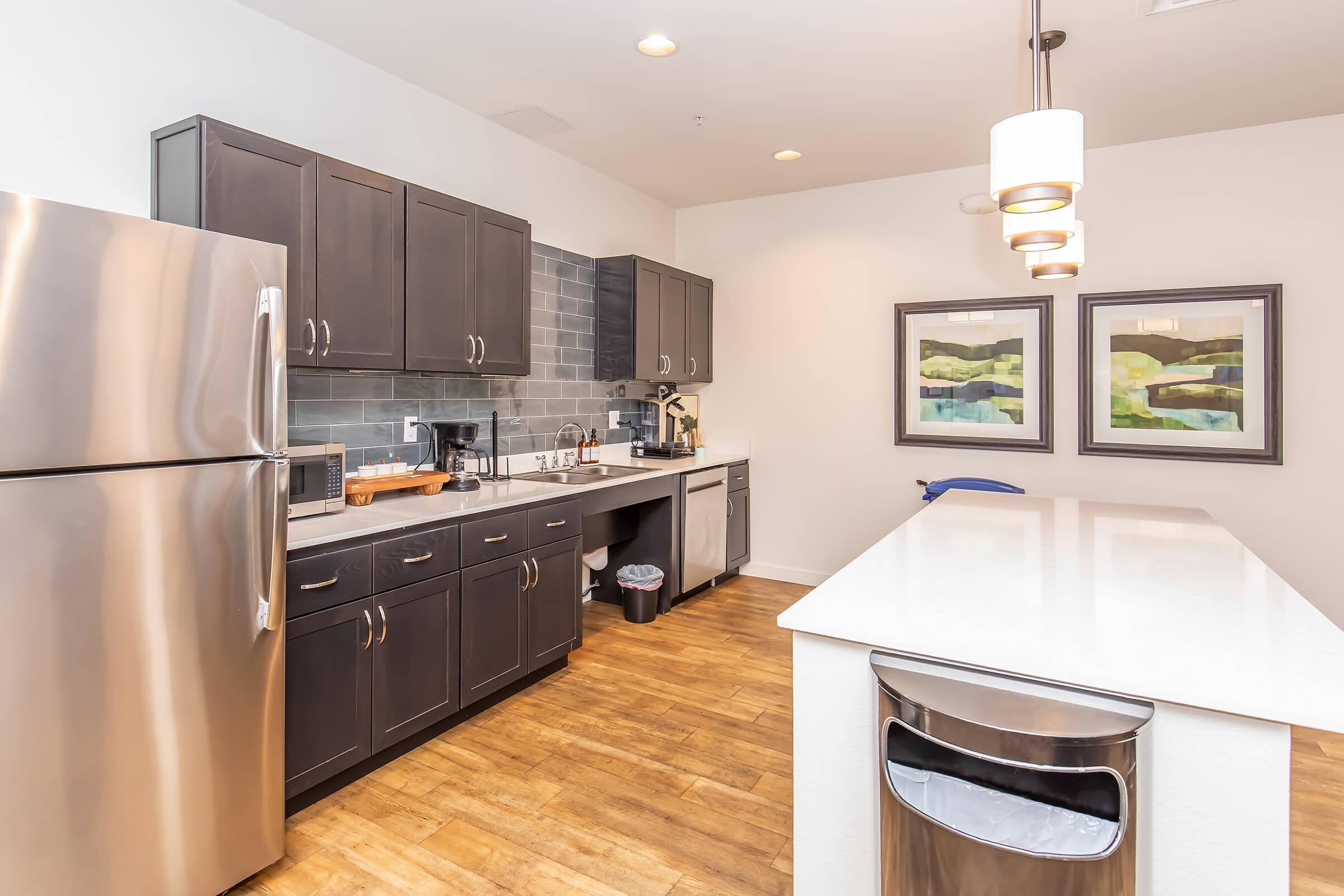 Modern kitchen featuring dark cabinetry, stainless steel appliances, and a large island with white countertop. The space includes a sink and various kitchen essentials, with a light fixture overhead and two framed artwork pieces on the wall. Bright and clean ambiance with wooden flooring.