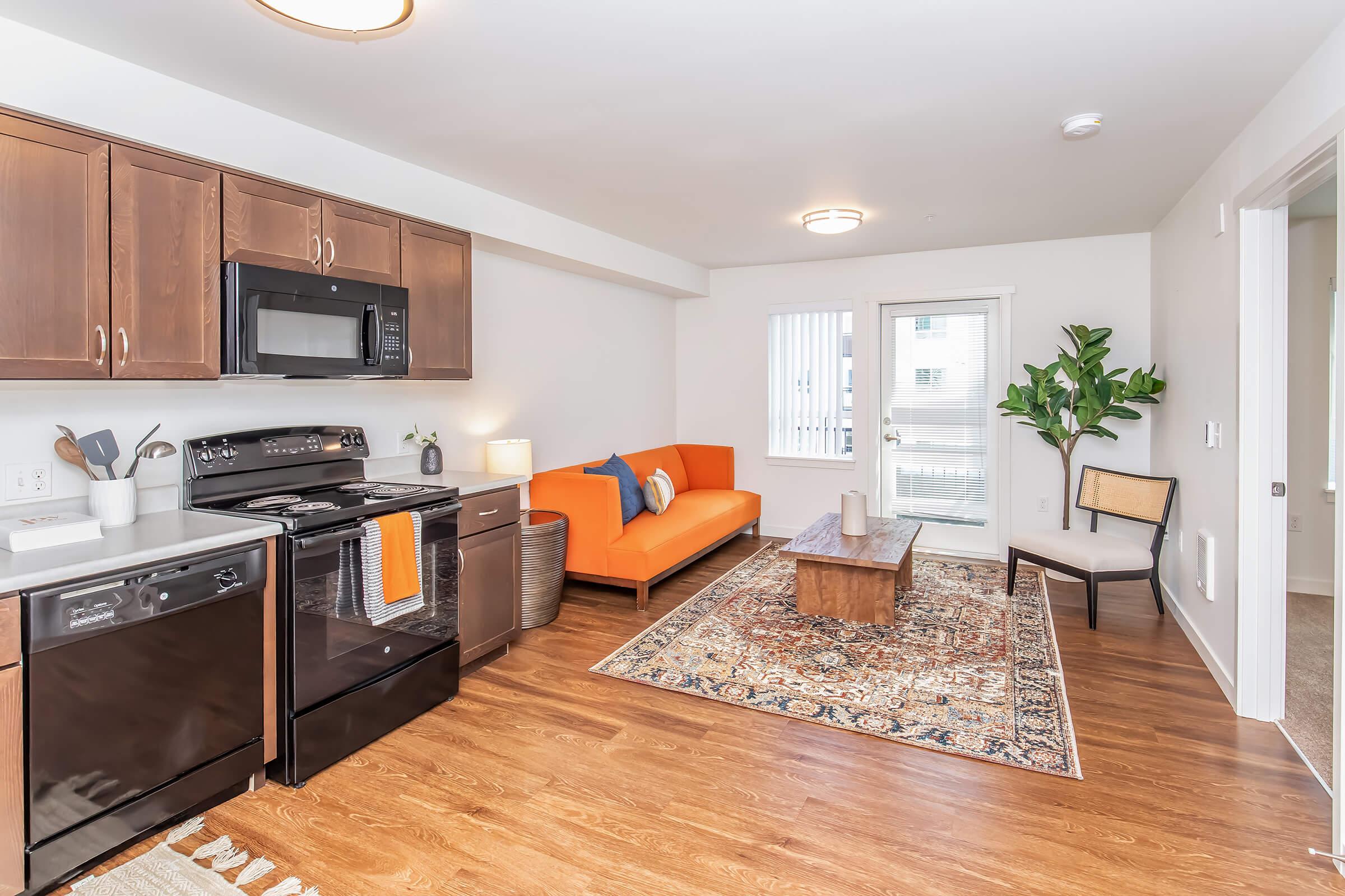 A modern kitchen and living room with a dark wood kitchen cabinet and black appliances. There’s an orange sofa, a wooden coffee table on a patterned rug, and a potted plant in the corner. Large windows allow natural light into the space, emphasizing a clean and stylish interior design.