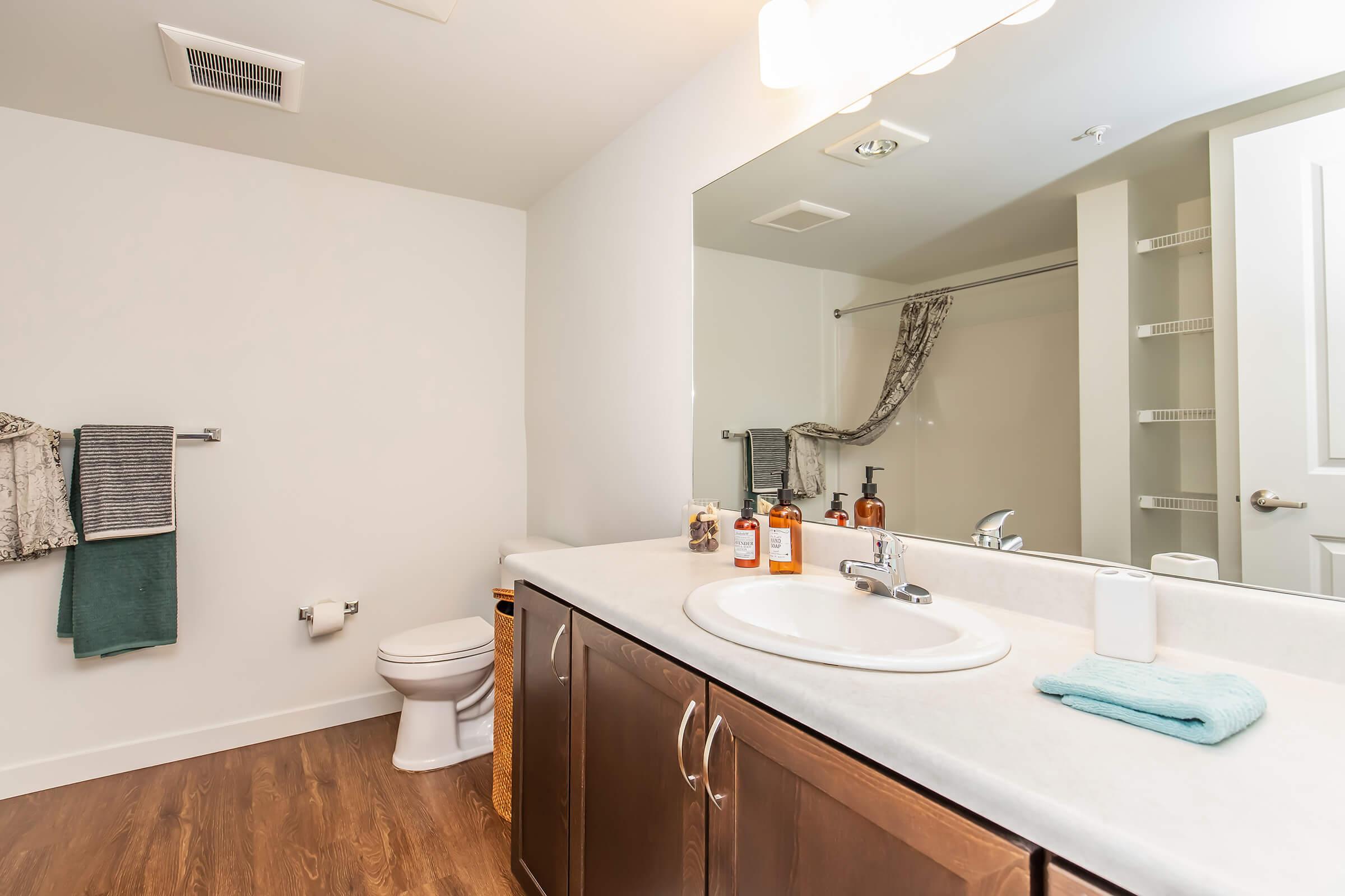 A modern bathroom featuring a white countertop with a sink, a large mirror above it, and a variety of toiletries. There is a shower area in the background, a toilet, and towels hanging on the wall. The flooring is wood-like, and the walls are painted in neutral tones, creating a clean and spacious look.
