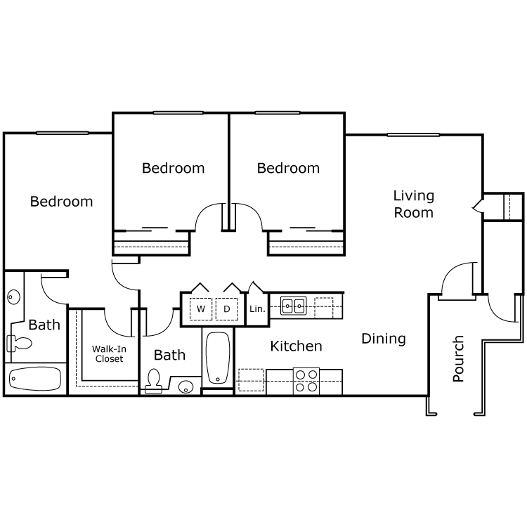 3 Bed 2 Bath, a 3 bedroom 2 bathroom floor plan.