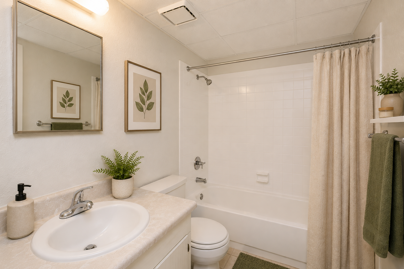 A clean and modern bathroom featuring a white tub with a shower, a large mirror above the sink, and two framed leaf prints on the wall. The sink area includes a soap dispenser and a plant, while a beige towel hangs nearby. Natural light illuminates the simple, calming decor.