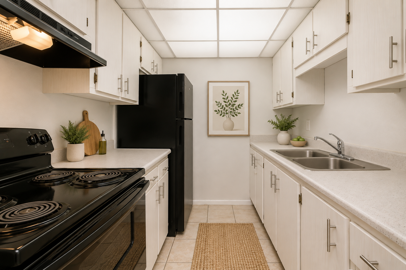 A modern kitchen featuring white cabinetry, a black stove, and a black refrigerator. The countertops are light-colored with a sink and decorative plants. A framed artwork of a vase with greenery is mounted on the wall. Soft lighting illuminates the space, creating a warm and inviting atmosphere.