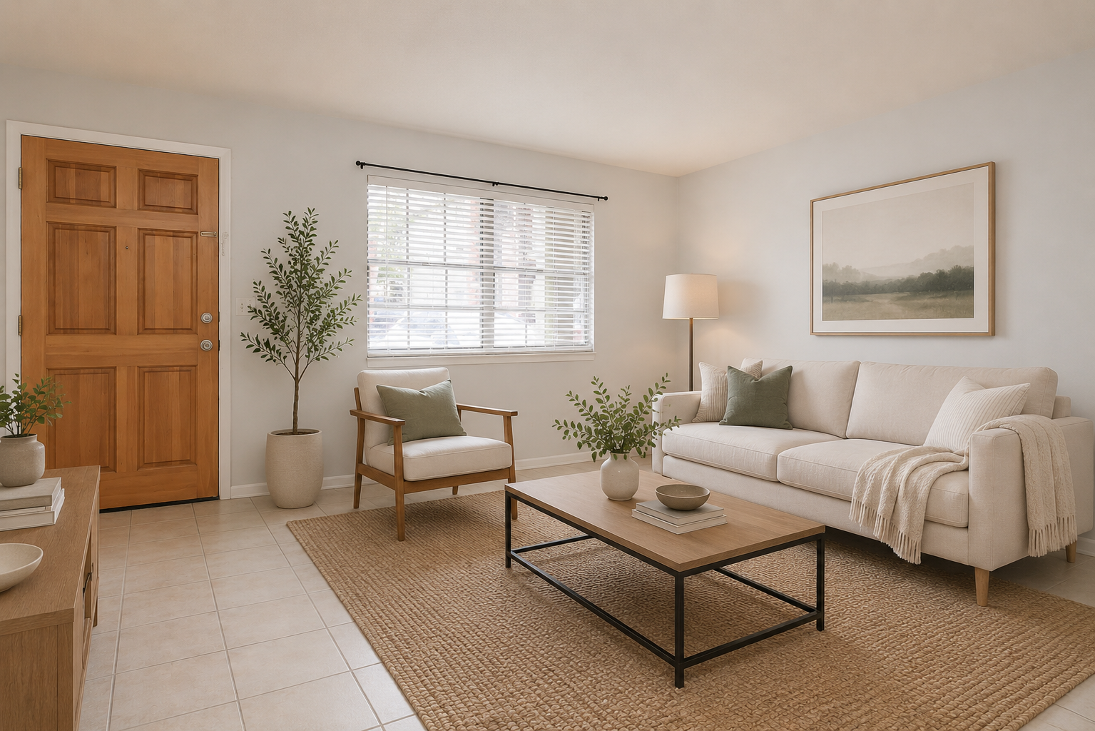 Step into your inviting oasis, where modern comfort meets warmth, featuring a sunlit living space perfect for relaxation and entertaining in a vibrant community setting.
