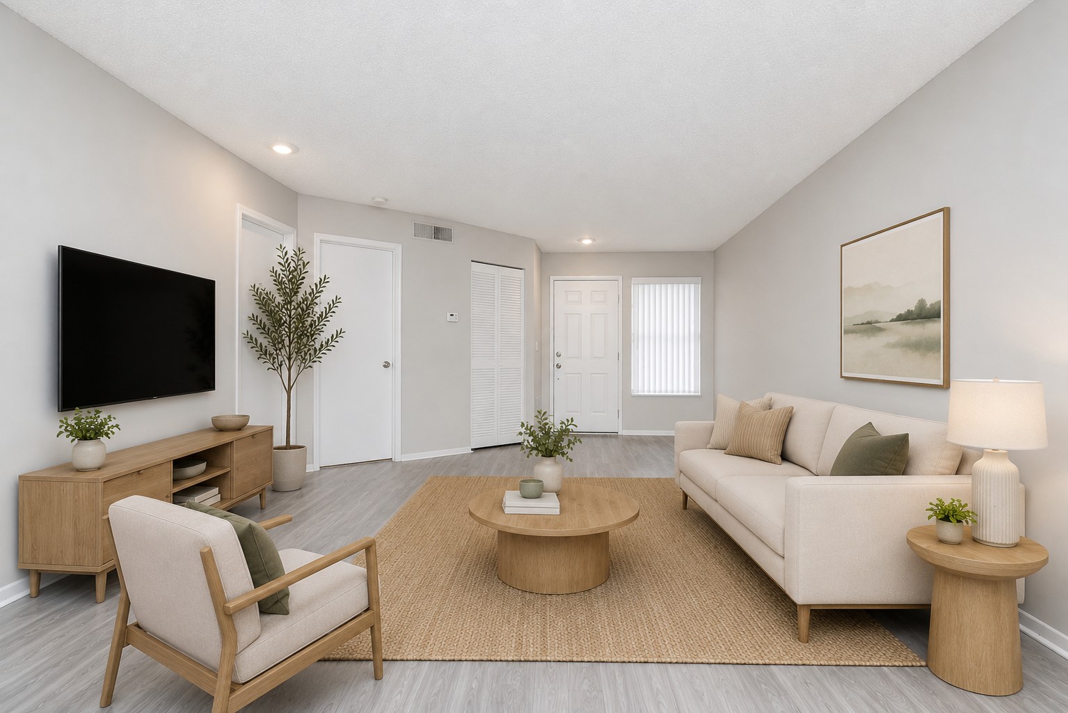 A modern living room featuring a light-colored sofa with decorative cushions, a round wooden coffee table, and a cozy area rug. There's a wall-mounted TV, a small side table with a lamp, and a decorative plant. The walls are painted in a soft gray, and the space is well-lit with natural light from a window.