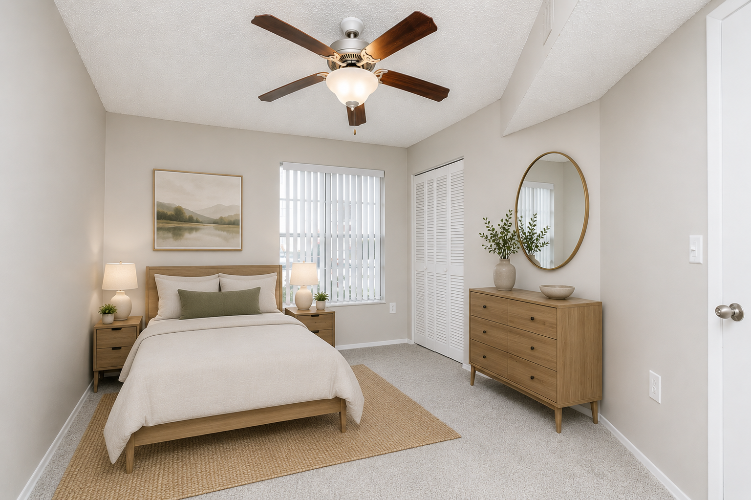A cozy bedroom featuring a light-colored bedspread on a double bed, two bedside tables with lamps, and a dresser. A round mirror hangs on the wall, and a potted plant adds a touch of greenery. The room has beige walls, carpeted flooring, and a ceiling fan. Natural light enters through a window with blinds.